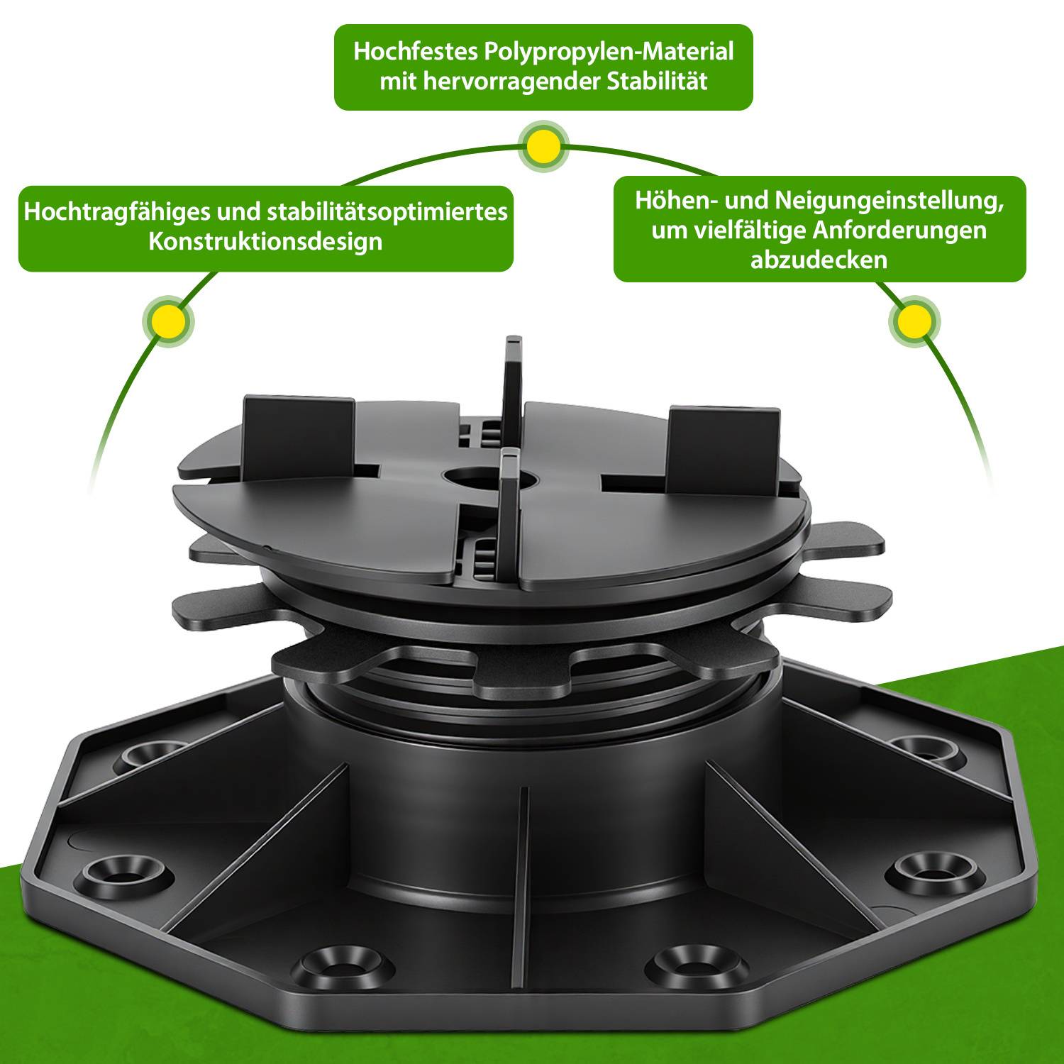 Verstellbares Deck-Pedestal aus hochfestem Polypropylen, konstruiert für Stabilität und Höhen-/Neigungsverstellung für verschiedene Anforderungen.