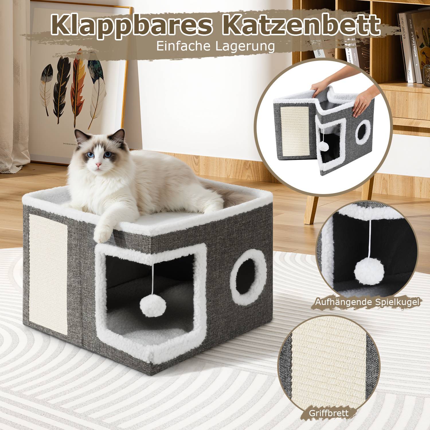 Eine Katze ruht auf einem klappbaren grau-weißen Katzenbett mit Spielball, Netzseiten und Griffgriff. Der Text auf Deutsch lautet 