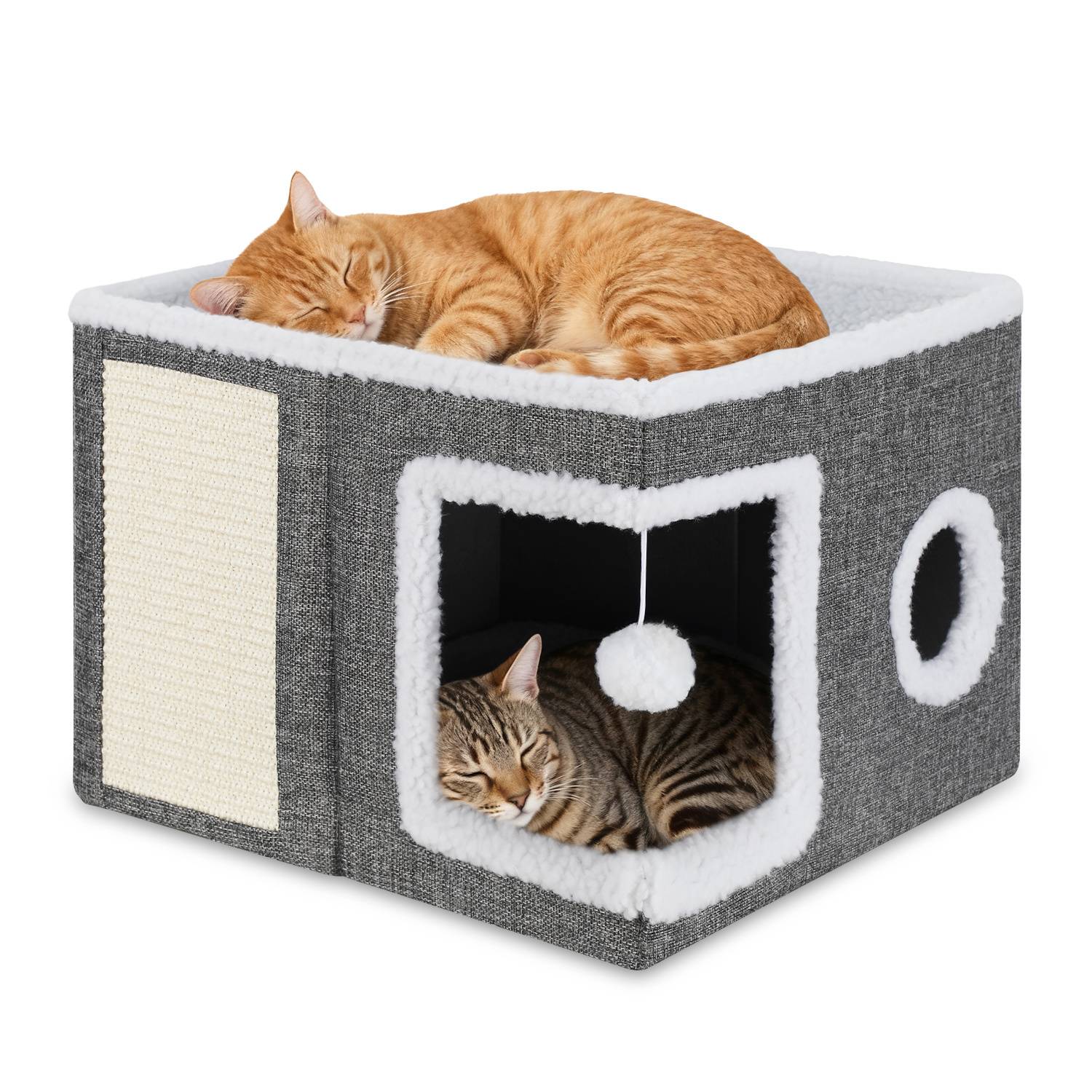 Zwei Katzen ruhen auf und in einem grau-weißen gepolsterten Katzenhaus. Die obere Katze ist orange, die untere ist getigert, beide wirken entspannt.