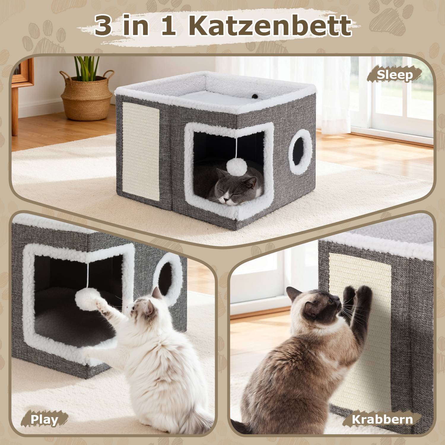 Katzenhöhle faltbar, 2-stöckiges Katzenhaus mit Kissen, platzsparendes Katzenbett für Zuhause
