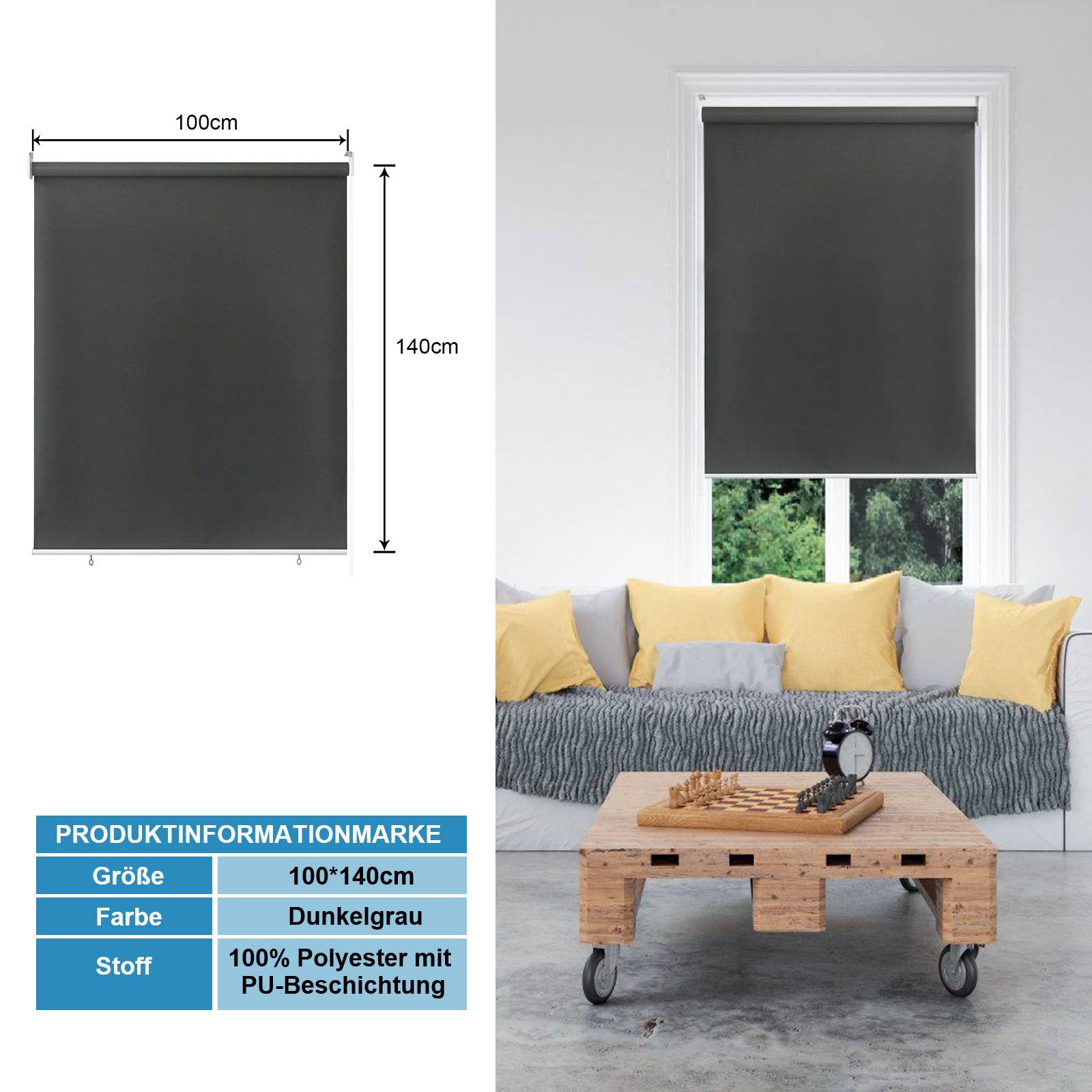 Ein Wohnzimmer mit einem großen Fenster mit einem dunkelgrauen Rollo. Darunter ein Holztisch mit Dekoration und ein graues Sofa mit gelben und grauen Kissen. Produktinformation: Größe 100x140cm, Farbe dunkelgrau.