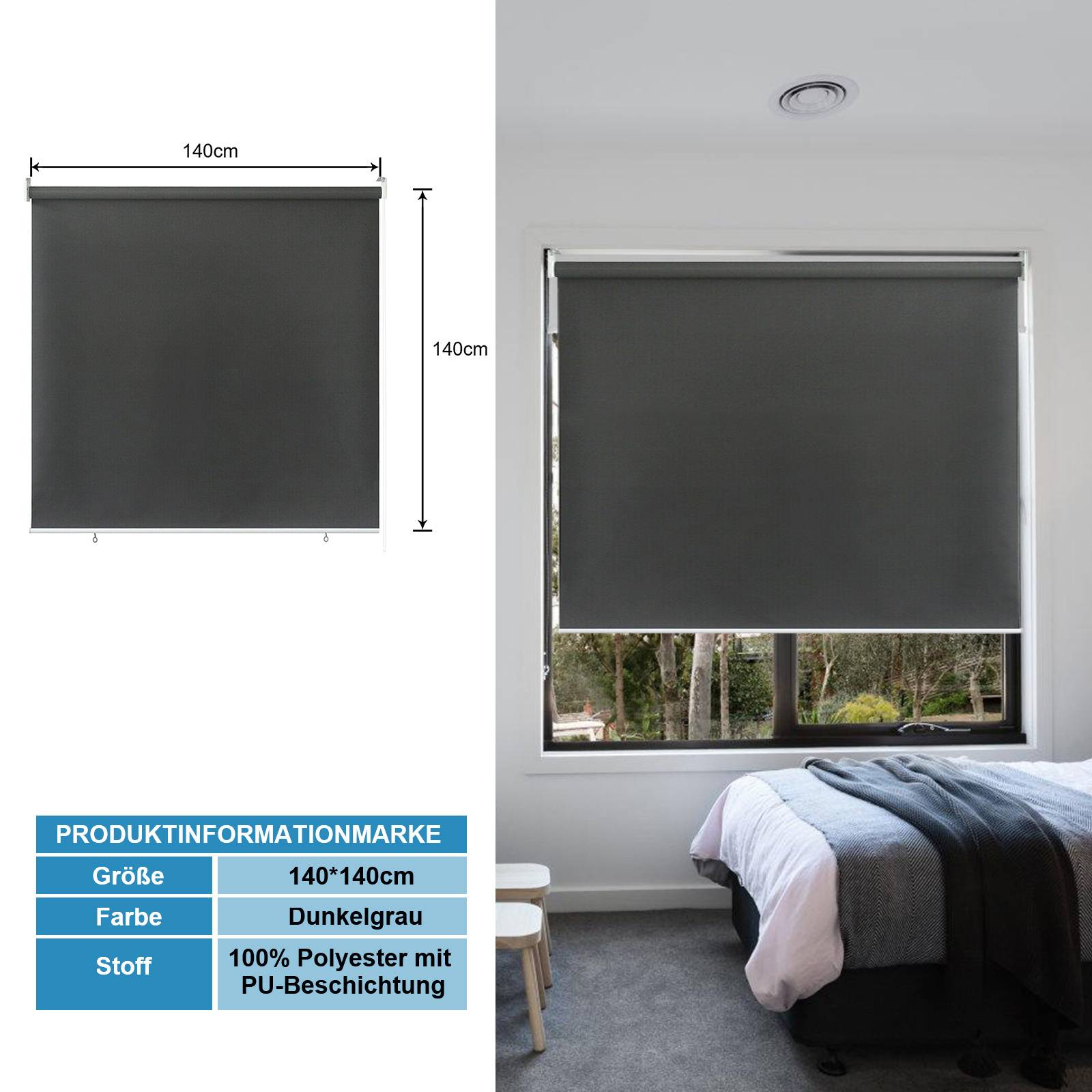 Grauer Polyester-Rollo, das ein Fenster in einem Wohnzimmer mit grauer und weißer Einrichtung abdeckt. Größe 140x140 cm.
