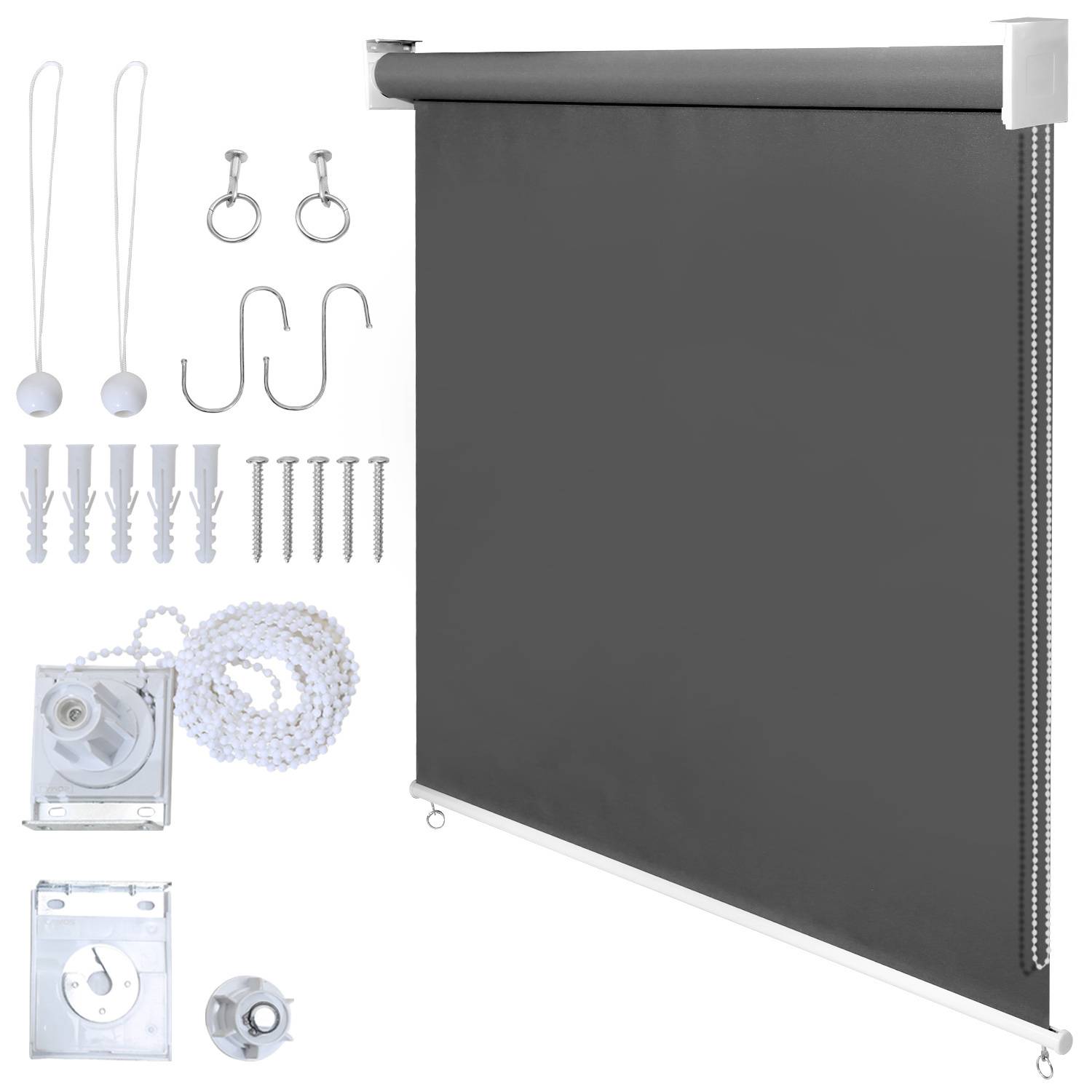 Eine schwarze Rollorollo mit vollständigem Installationsset, bestehend aus Montageklammern, Schrauben, Dübeln, Kettenmechanismus, Rollen und Haken.