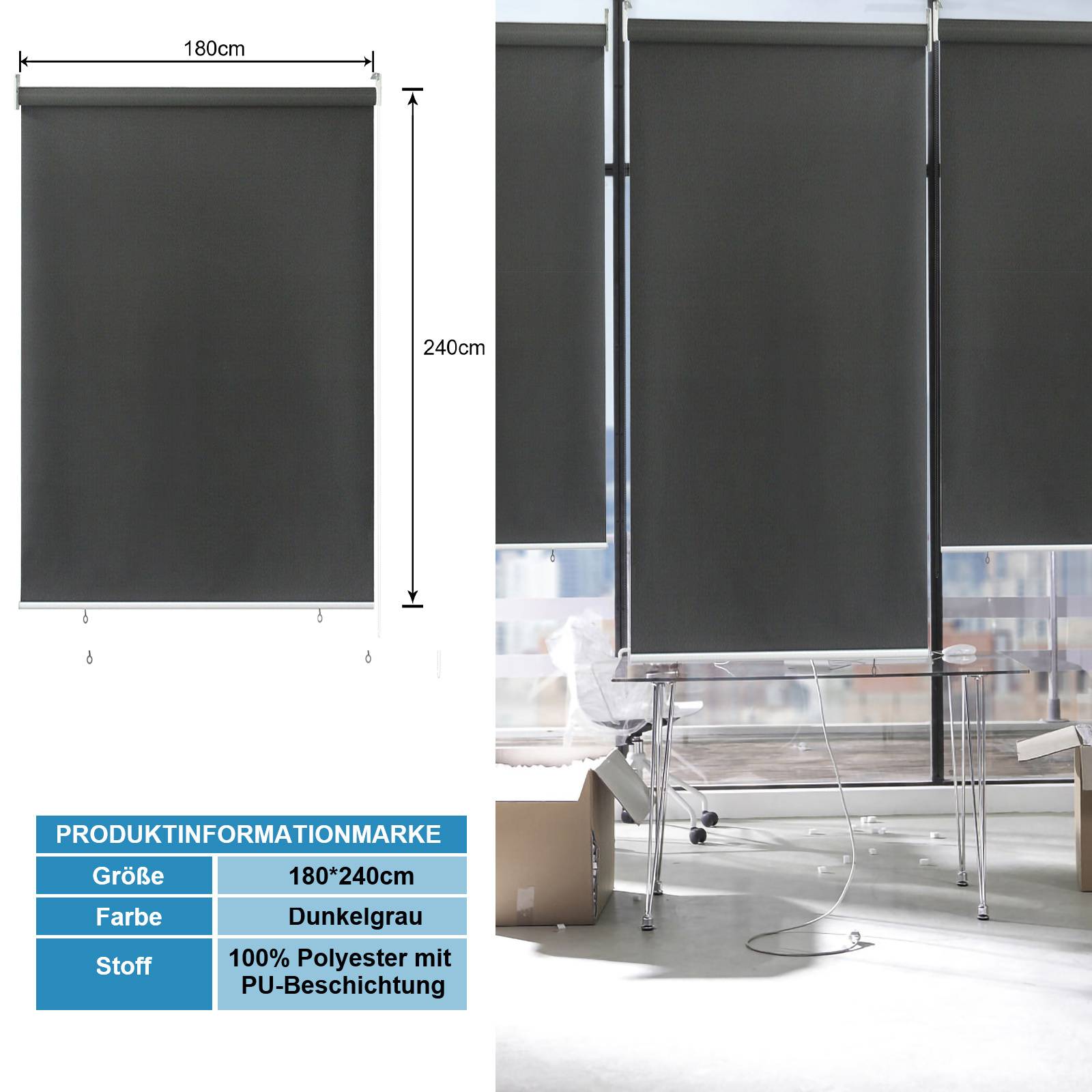 Vertikale graue Rollos für Fenster, Größe 180x240cm. Produktinformationen: Farbe dunkelgrau, Stoff 100% Polyester.