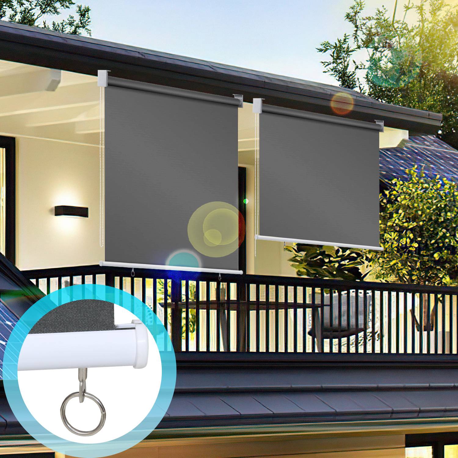Ein Haus mit überdachter Terrasse verfügt über zwei große, heruntergerollte Außenbeschattungen. Eine Nahaufnahme zeigt die Schnur und den Ring der Beschattung.