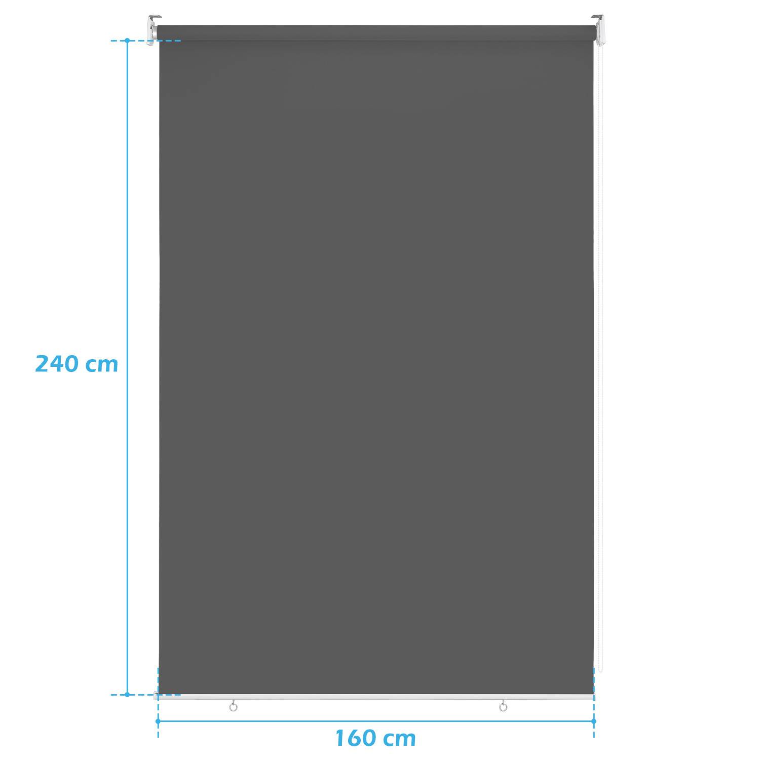 Ein grauer Verdunkelungsrollo mit einer Höhe von 240 cm und einer Breite von 160 cm.