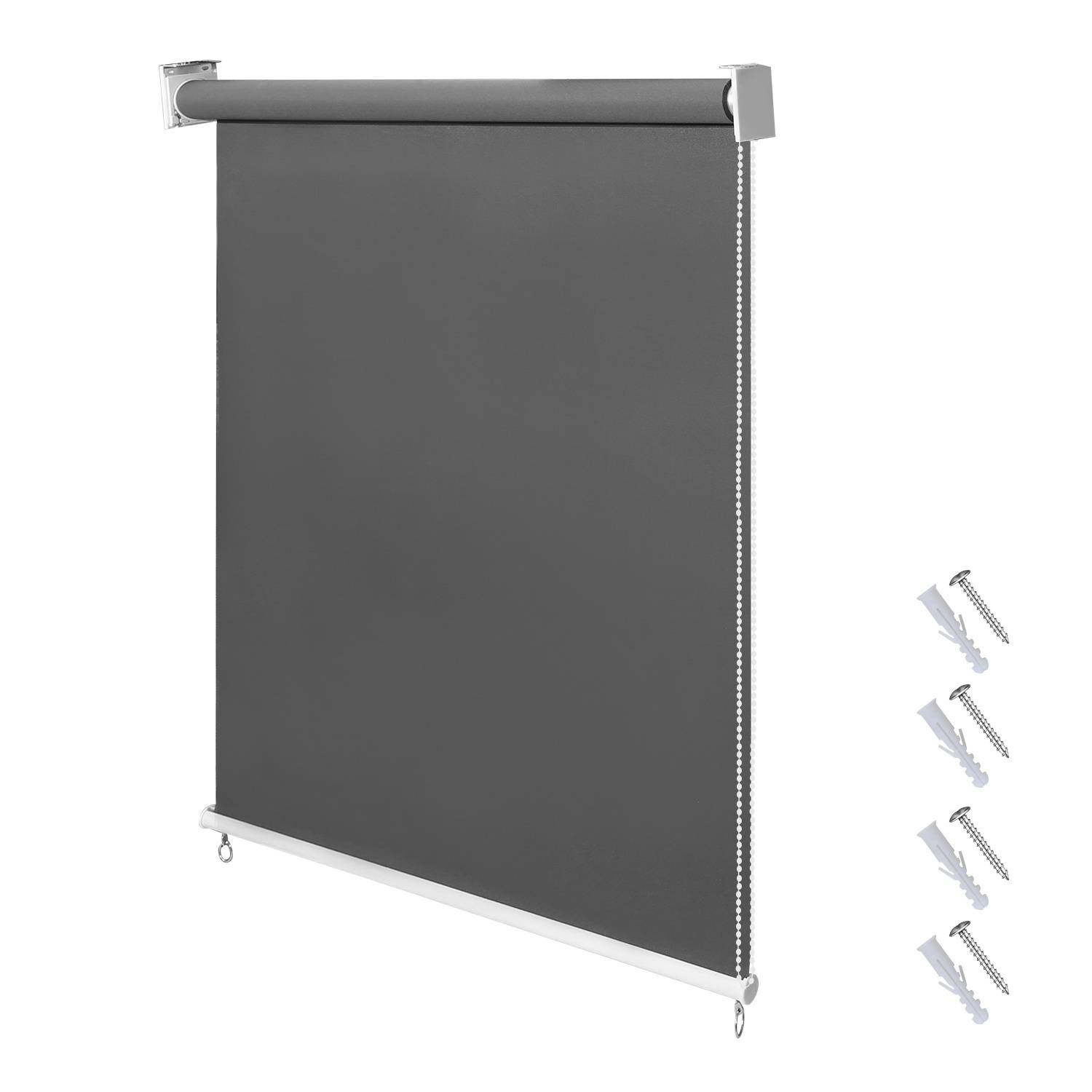 Schwarzes Rollorollo mit Zugkette, mit minimalistische Gestaltung. Beinhaltet Befestigungsmaterial an der Seite, geeignet für Fenster.