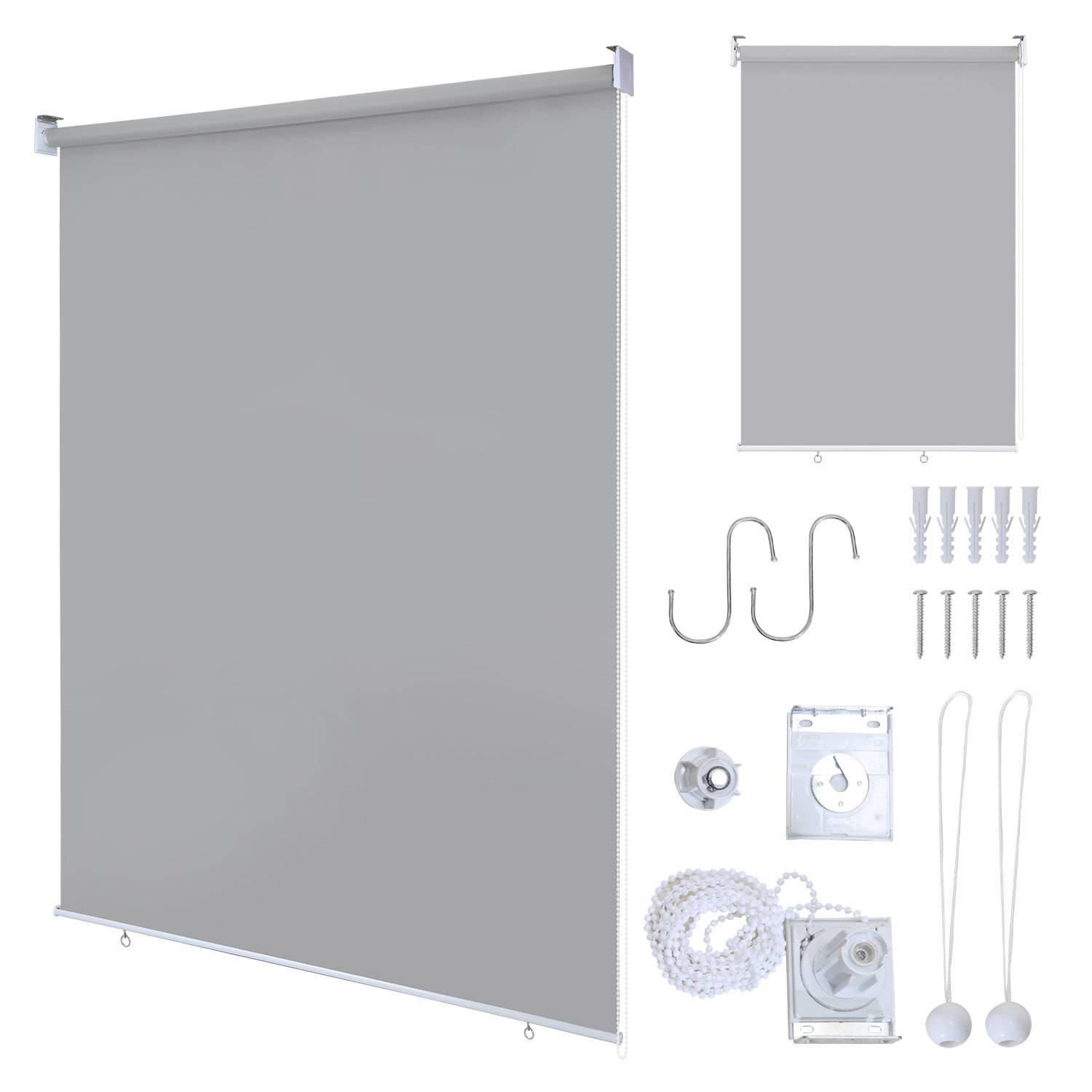 Ein Set aus grauen Rollos mit Installationskomponenten, einschließlich Haken, Schrauben, Halterungen und einer Zugkette, auf weißem Hintergrund dargestellt.