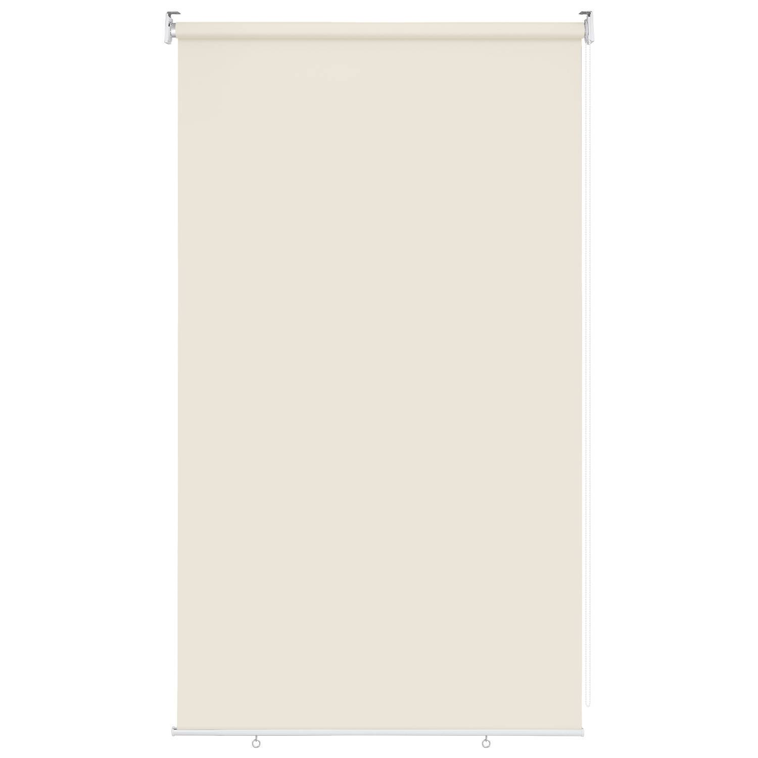 Ein beige Rollo mit einfachem Design, geeignet zum Abdunkeln eines Raumes.