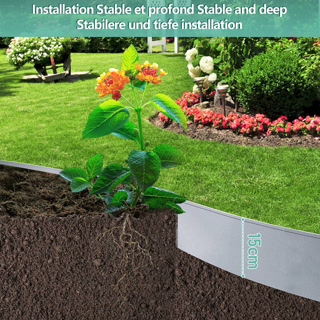 Stabile und tiefe Installation' Text über einer Gartenszene, die einen Querschnitt des Bodens mit einer 15 cm tief installierten Metallkante zeigt.