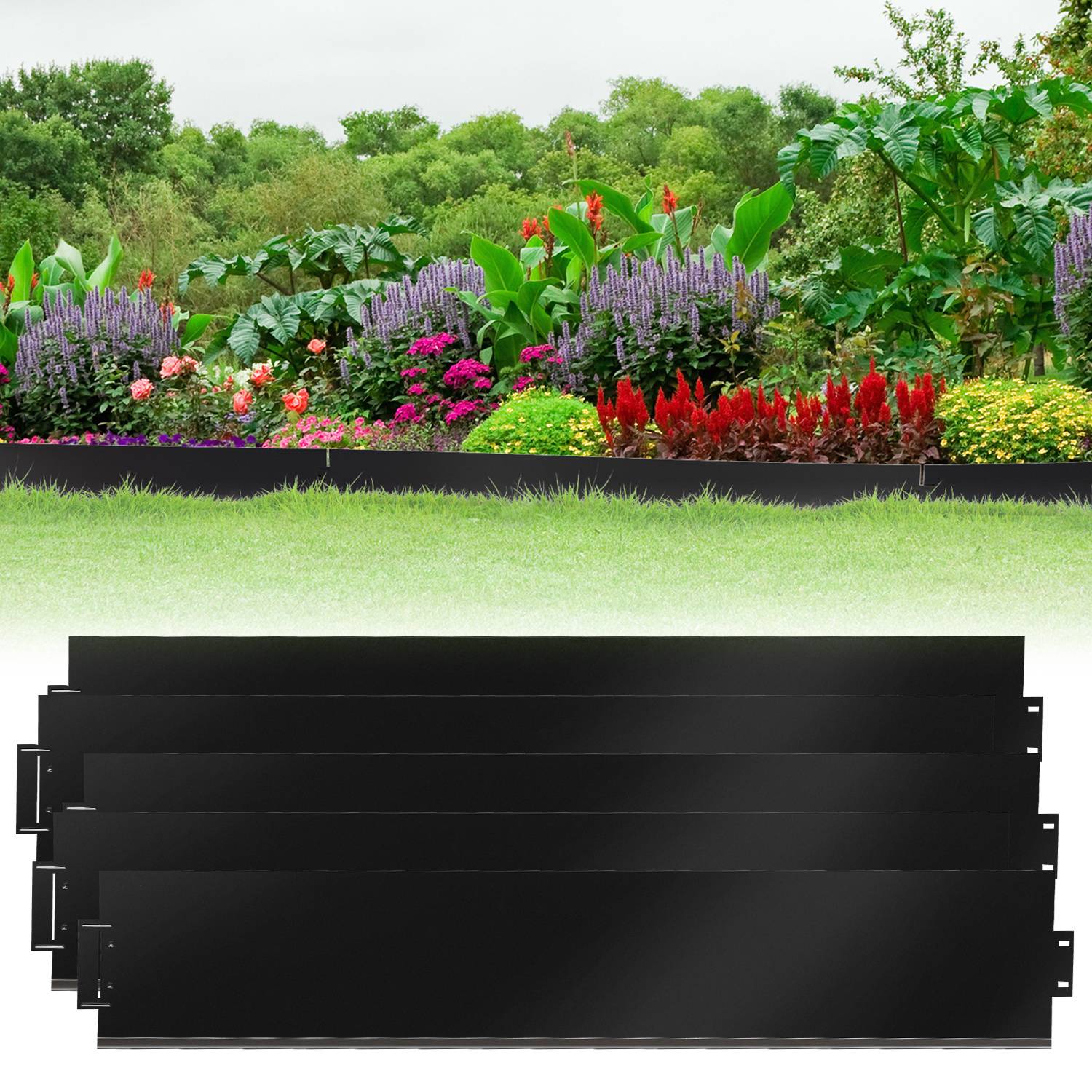 Ein üppiger Garten mit leuchtenden Blumen und grünem Laub, gesäumt von schwarzen Metallkanten, vor einem Hintergrund von Bäumen und klarem Himmel.