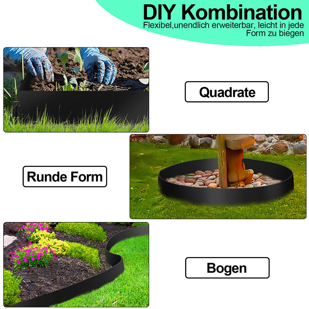 DIY Kombination' Gartenkantenführer zeigt Formen: Quadrat (Quadrat), Runde Form (Rund) und Bogen (Kurve) für flexible Designs.