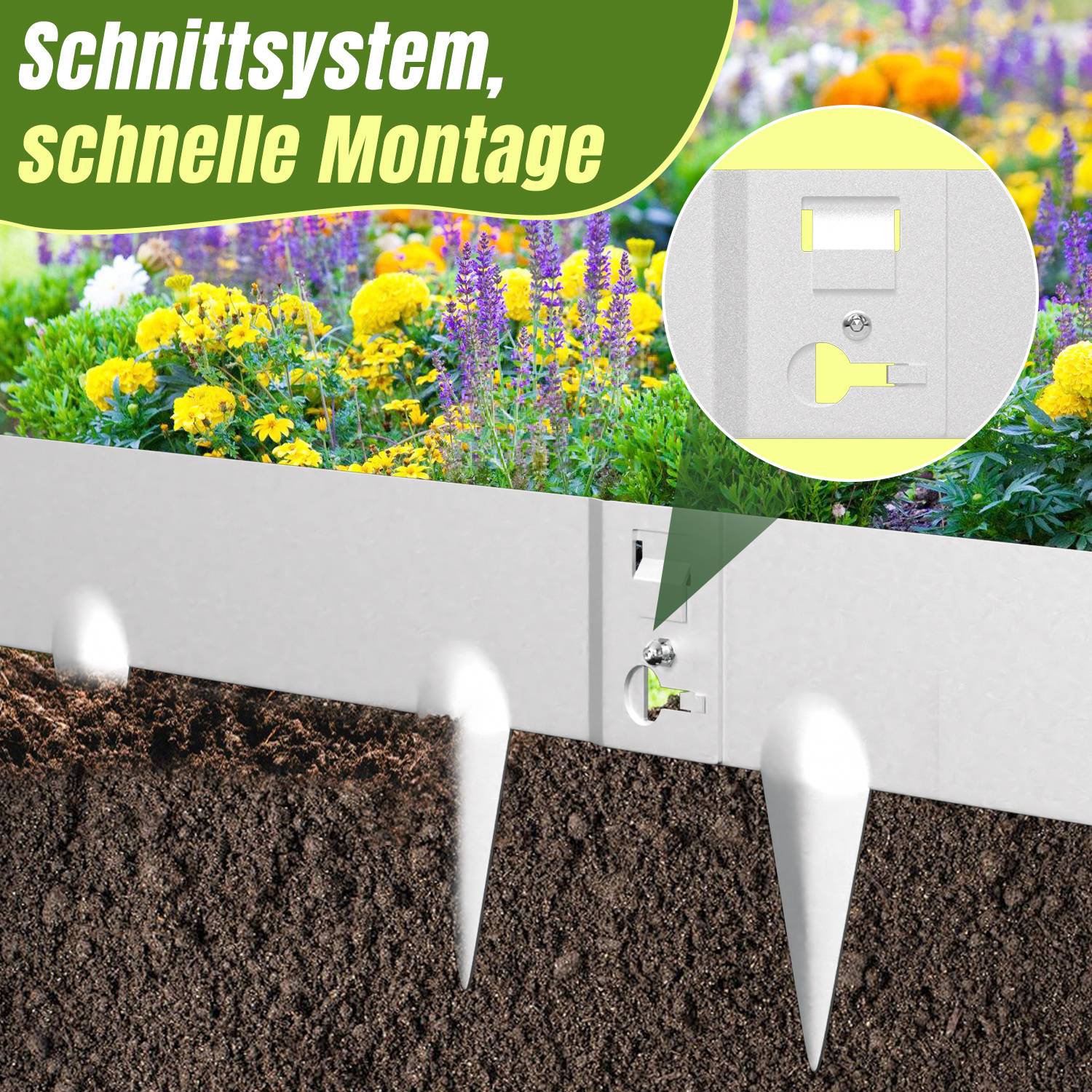 Eine Gartenbeeteinfassung mit farbenfrohen Blumen und ein Schnittdiagramm des Befestigungsmechanismus. Text: 