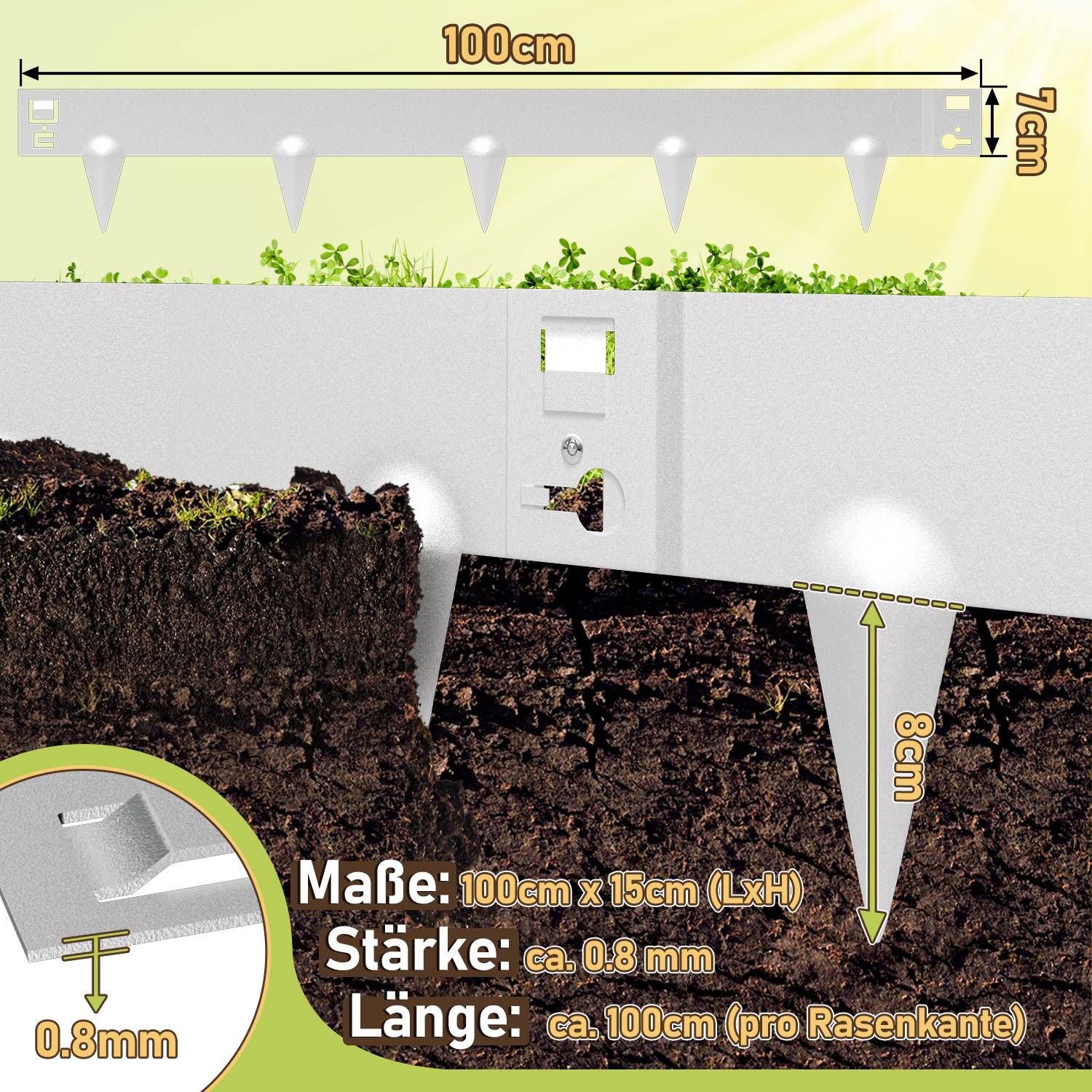 Rasenkante mit Spitzen Metall 100 x 15 cm 45m Beeteinfassung Mähkante Verzinkt Wegbegrenzung Beetumrandung Palisade Silber