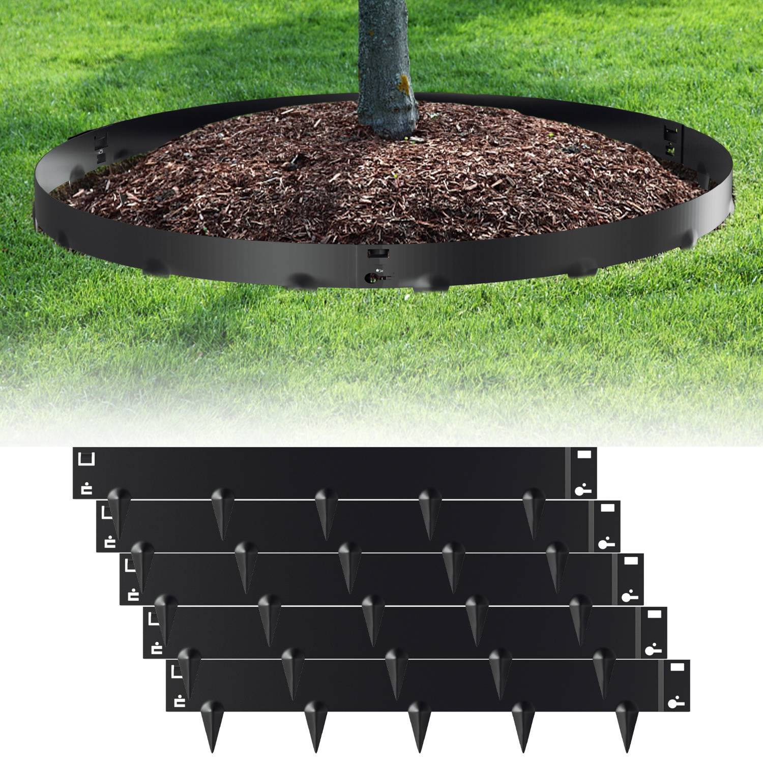 Schwarze Landschaftseinfassung umgibt einen Baum, mit fünf Spitzeneinfassungsteilen, die darunter angezeigt werden und zum Schaffen sauberer Gartenränder konzipiert sind.