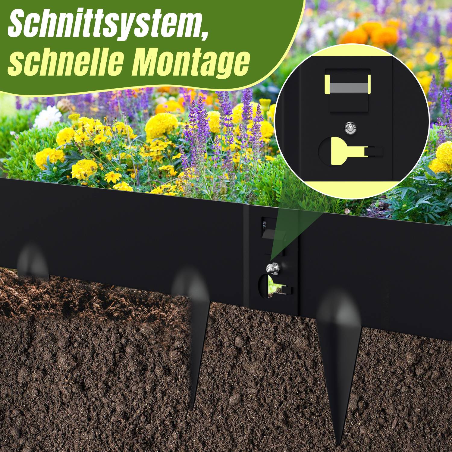Gartenkanteninstallation mit scharfen Spitzen im Boden dargestellt. Der Hintergrund zeigt bunte Blumen. Der Text im Bild lautet „Schnittsystem, schnelle Montage