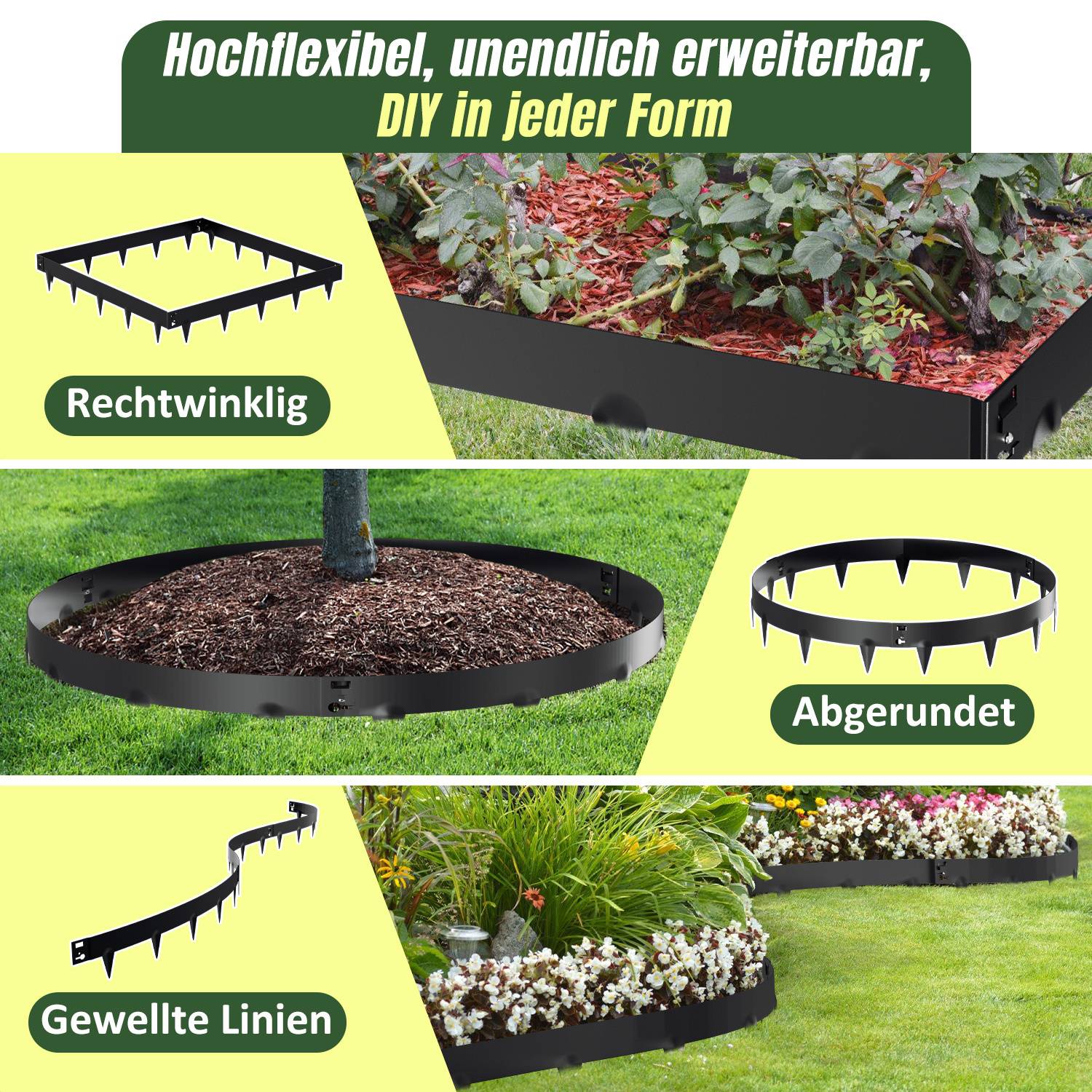 Garteneinfassung in vier Stilen: rechteckig, verlängert, rund und wellig. Flexibel für DIY-Gartengestaltung in jeder Form.