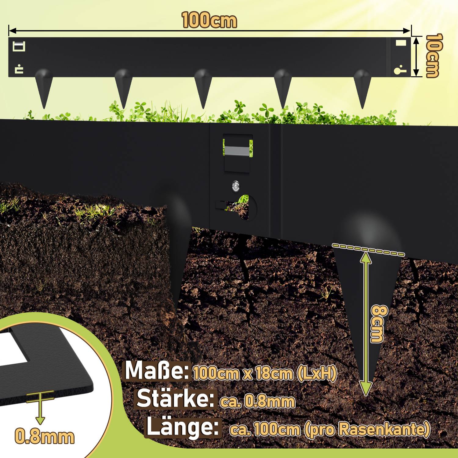 Rasenkante' Gartenabgrenzung: Abmessungen 100cm x 10cm, Stifte 8cm tief. Die illustrierte Querschnittszeichnung zeigt die Verlegung im Boden.