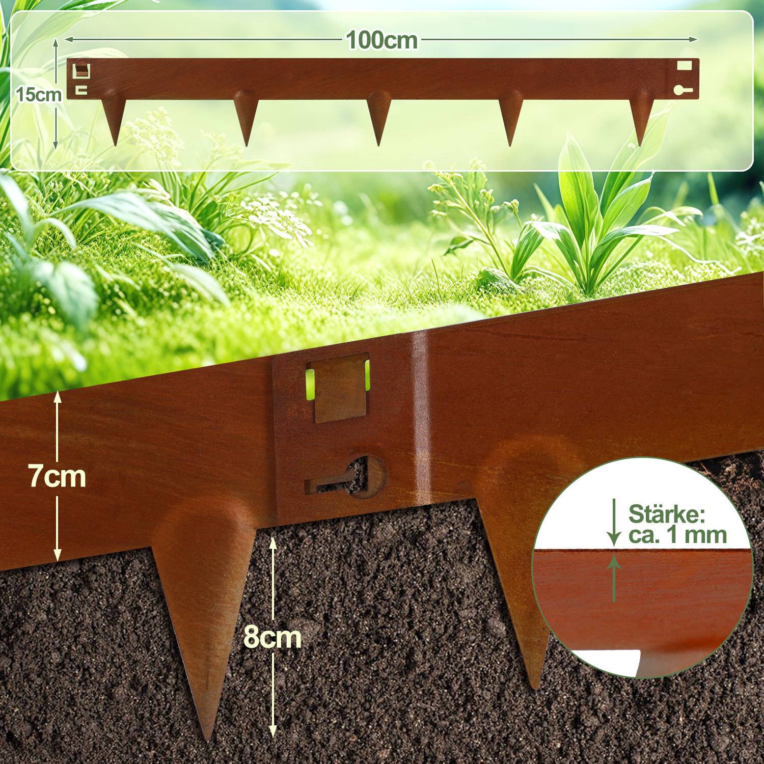 Diagramm für Gartenrandstreifen: Zeigt braune Einfassung mit Spitzen, die in den Boden eingestochen werden. Abmessungen: 100 cm Länge, 1 mm Dicke, 15 cm Höhe.