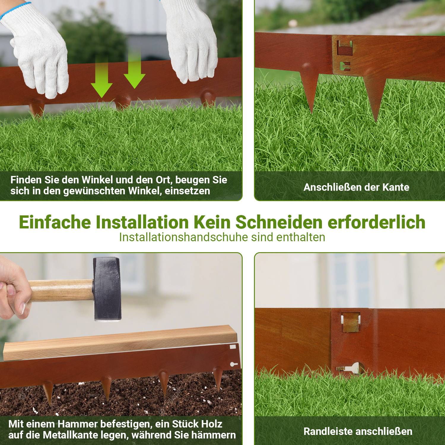 Eine Person verwendet einen Hammer, um eine Metallkante in den Boden zu sichern und demonstriert Installationstipps. Der Text betont, dass kein Schneiden erforderlich ist.
