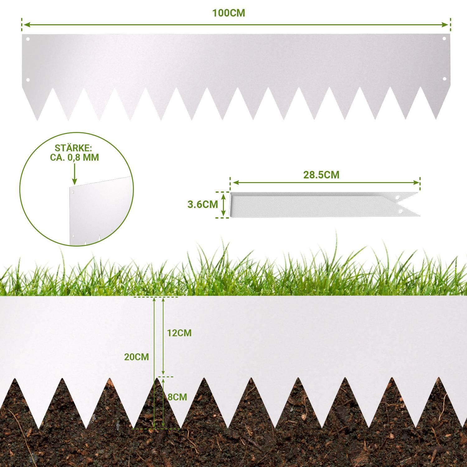 Gartenbegrenzung: 100 cm lang, 12 cm über dem Boden, 8 cm darunter. Materialstärke: 0,8 mm. Inklusive eines 28,5 cm langen Verbindungsstücks.