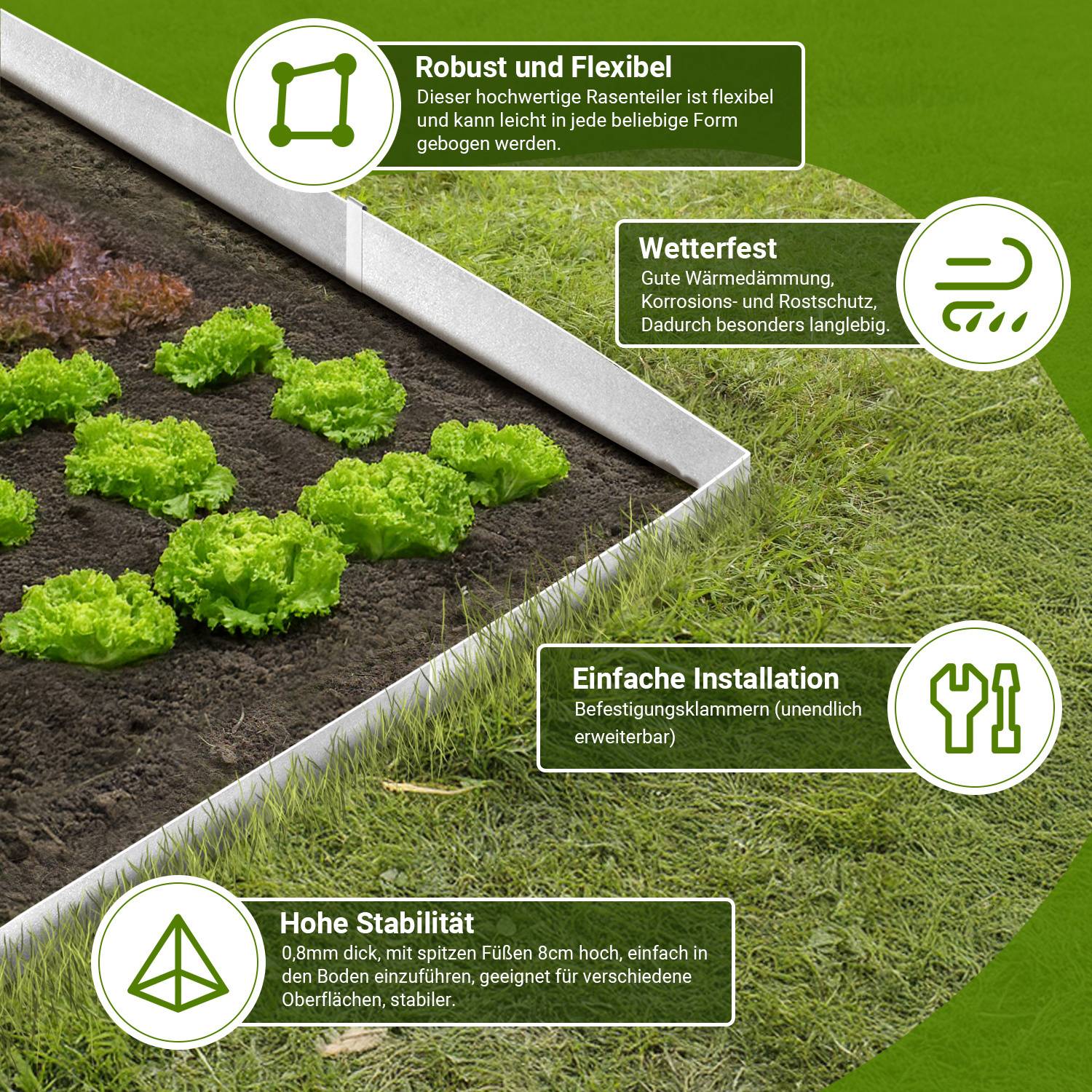 Erhöhtes Gartenbeet mit grünen Pflanzen, mit Merkmalen gekennzeichnet: Flexibilität, Langlebigkeit, Isolierung, Stabilität und einfache Installation.