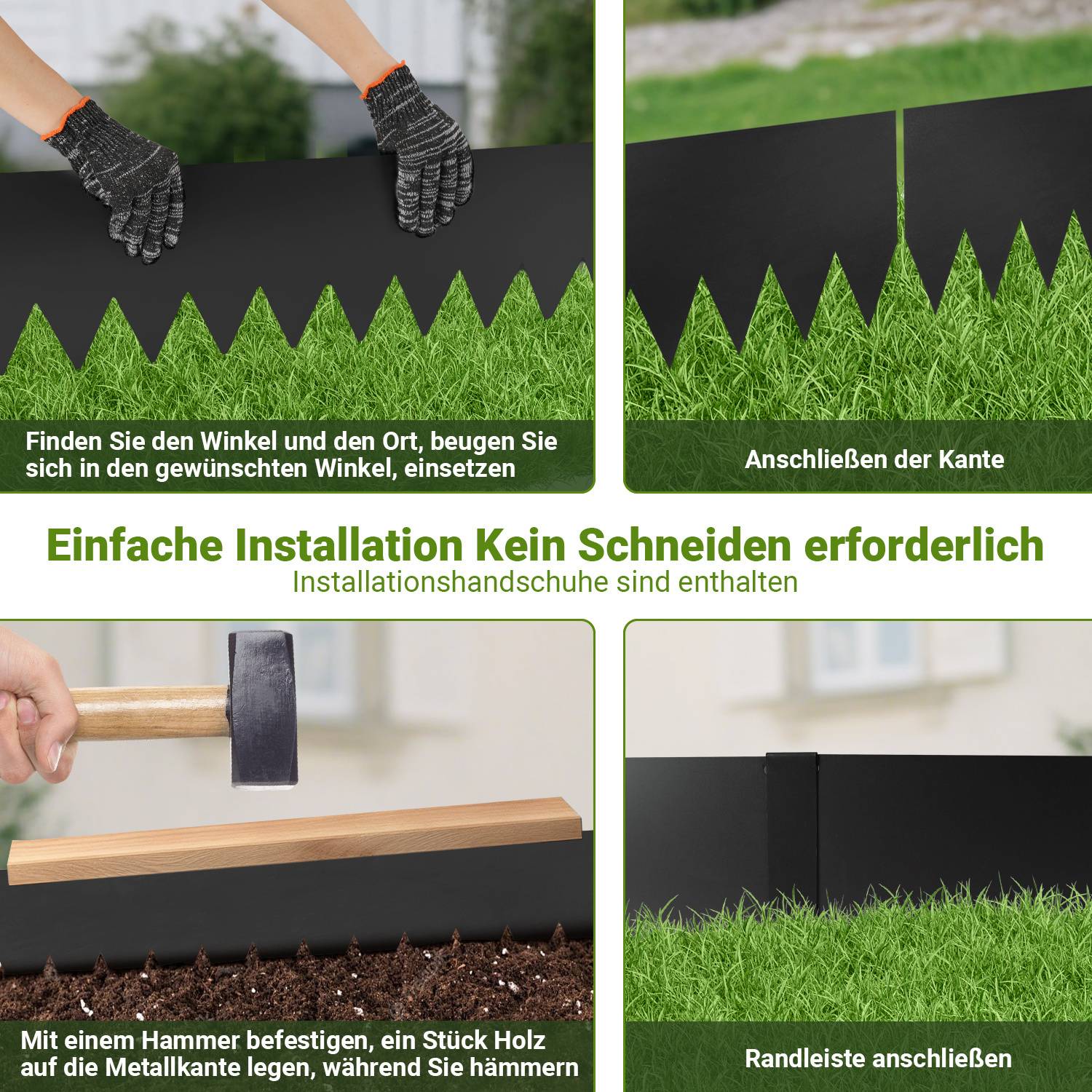 Eine Metallkante wird mit einem Hammer in Gras installiert. Installationshandschuhe empfohlen. Der Text lautet: Einfache Installation ohne Bücken.