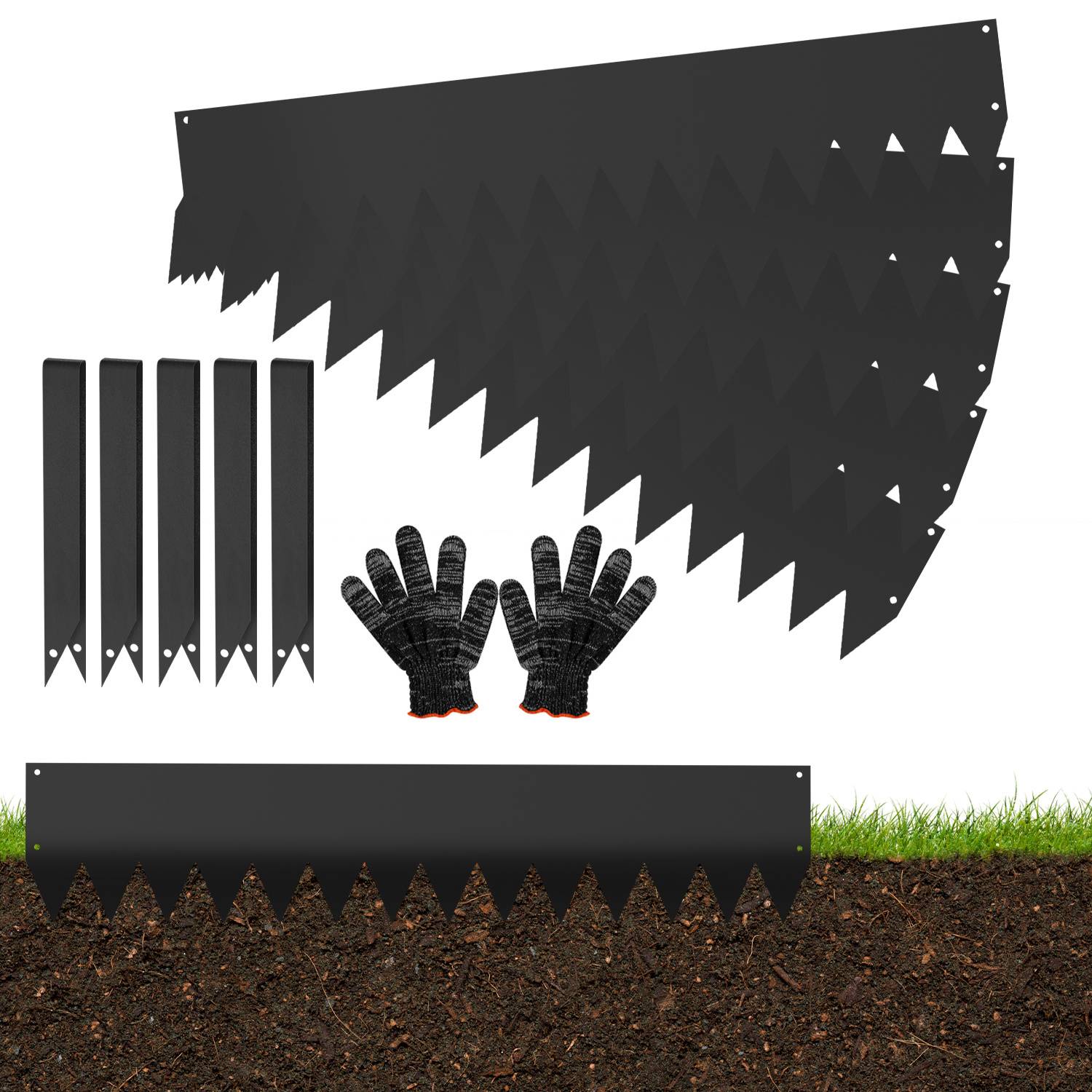 Schwarze Gartengeräte-/Landschaftsbau-Ausrüstung: Kunststoffbegrenzungsleisten, ein großes spitzes Blatt, Handschuhe und ein breites Klingenwerkzeug auf einem Boden- und Grashintergrund.