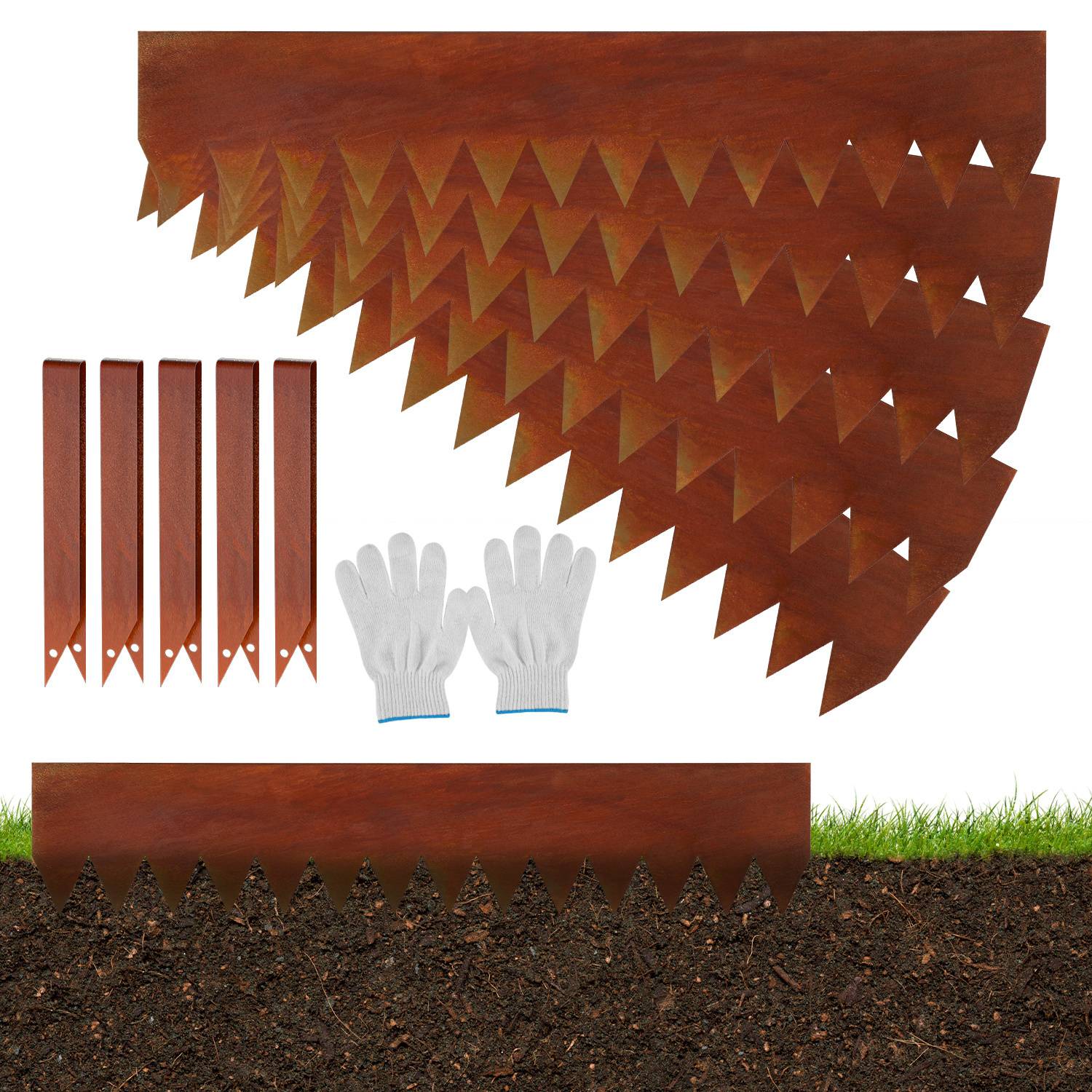 Gartenrand-Set mit rostfarbenen Metallpflöcken, Handschuhen und gezackten Kanten, bereit zur Montage im Boden.