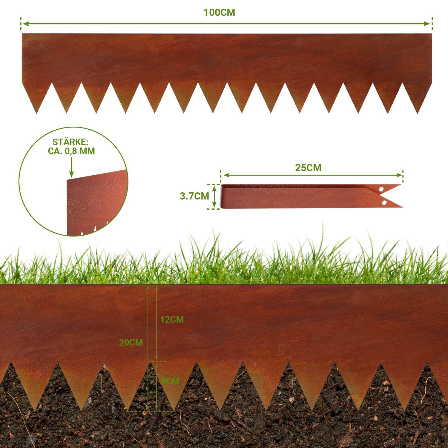 Braunes Metall-Beetumrandung mit gezackter Oberkante, 100 cm Länge, 3,7 cm Tiefe, 12 cm Höhe sichtbar über dem Boden. Diagramm zeigt Abmessungen.