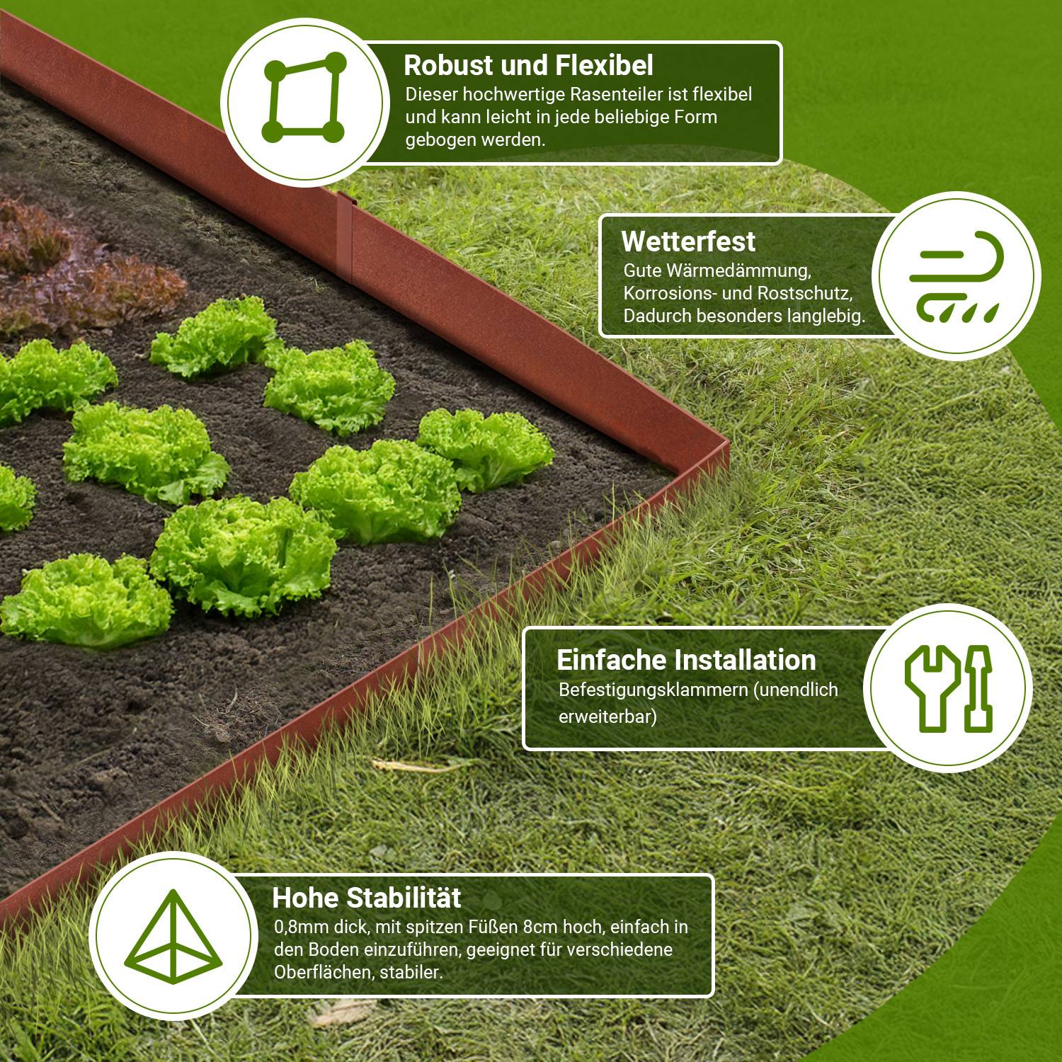 Erhöhtes Hochbeet mit Schlüsselfunktionen: robustes Material, Wärmespeicherung, einfache Installation, hohe Stabilität. Hebt Langlebigkeit und Benutzerfreundlichkeit hervor.