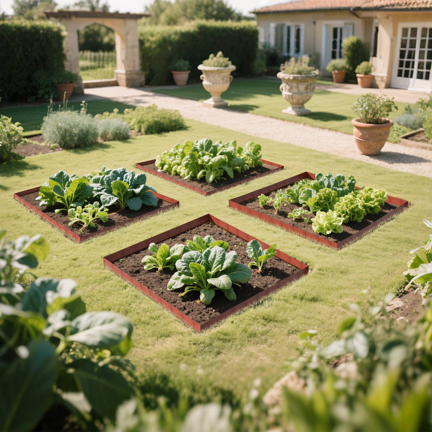 Ein Garten mit ordentlich angeordneten quadratischen Gemüsebeeten, die Blattgemüse enthalten und von Gras umgeben sind, in der Nähe eines Hauses mit großen Fenstern.