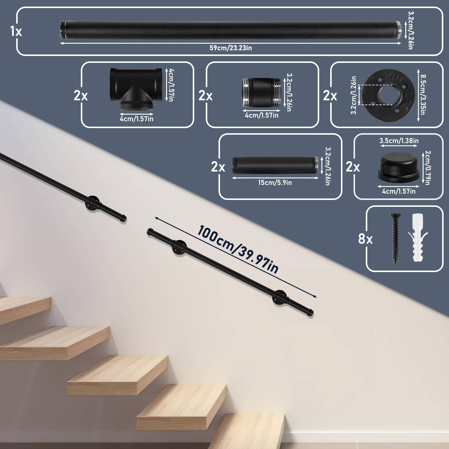 Handlauf-Installationsset mit einer 59 cm Stange, zwei 4 cm Halterungen, zwei 4 cm Verbindern, zwei 3,2 cm Endkappen, acht 4 cm Ankern.