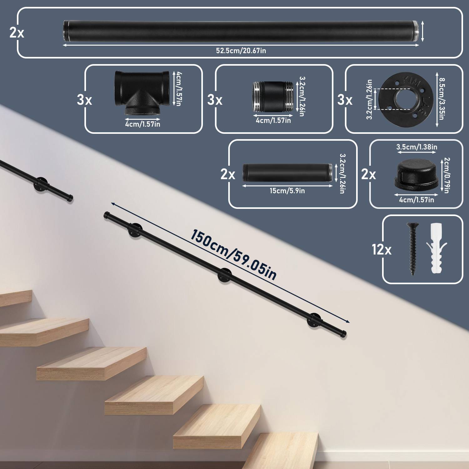 Treppe mit schwarzen Handlaufkomponenten: zwei 150 cm lange Stangen, Verbinder, Halterungen und Schrauben enthalten. Abmessungen in cm und Zoll.