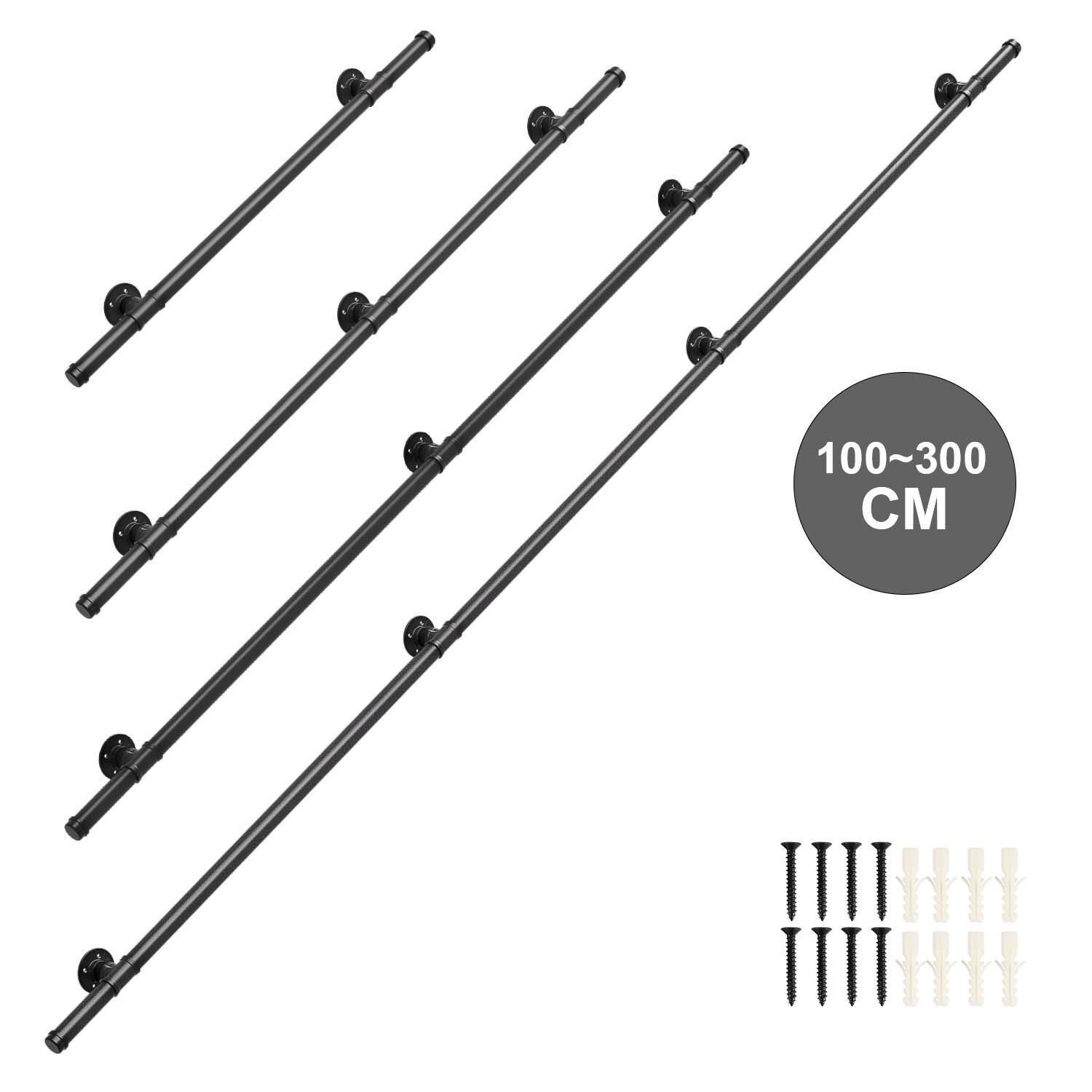Verstellbare Gardinenstangen in vier Größen (100-300 cm) mit Montagezubehör im Lieferumfang enthalten.