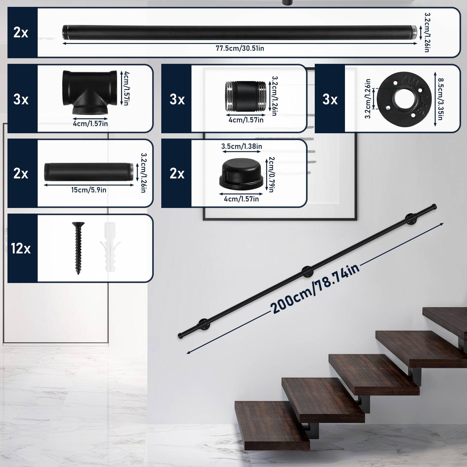 Komponenten für ein wandmontiertes Regal umfassen 2 Halterungen, 3 T-Stücke, 10 Schrauben und 3 Rohre unterschiedlicher Längen für eine elegante Treppen-Anordnung.