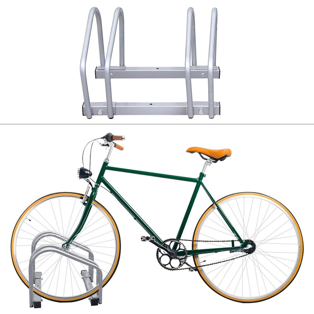 Zusammenklappbares Fahrradständer, silberfarben mit vier Plätzen. Darunter ist ein grünes Fahrrad mit orangefarbenem Sattel im Ständer befestigt.