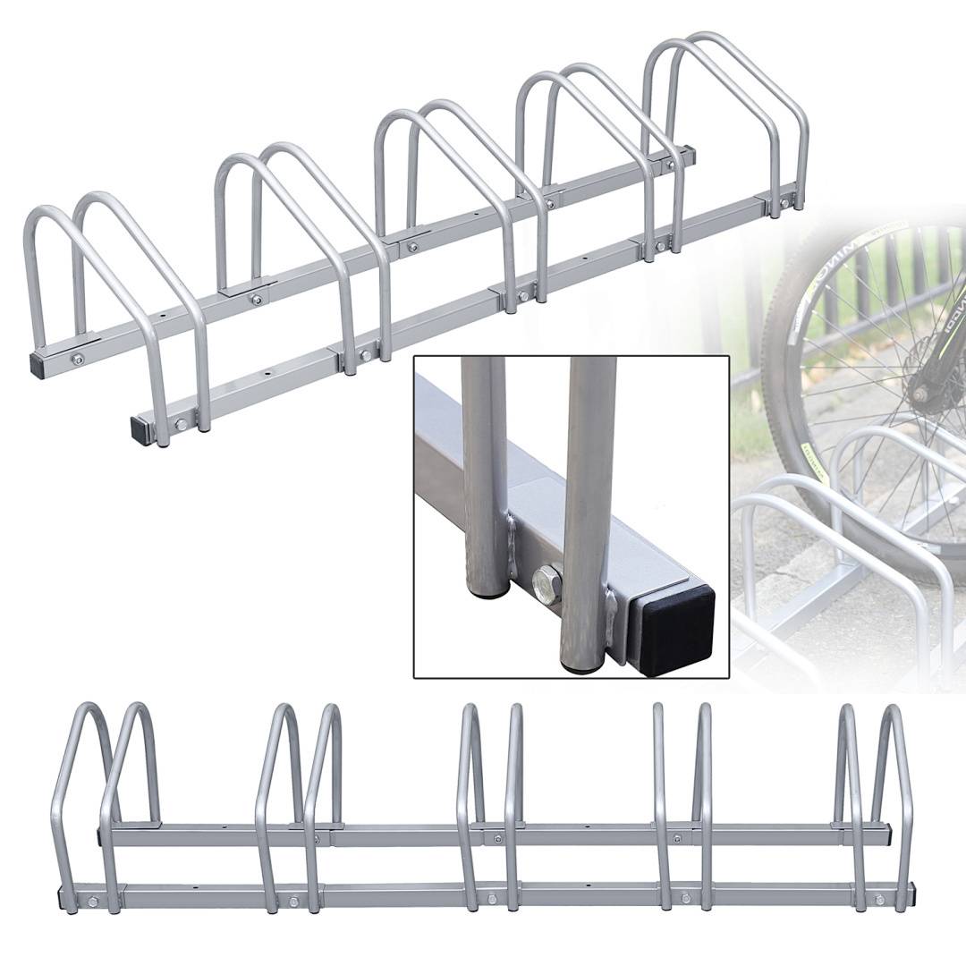 Ein Metallfahrradständer, der mehrere Fahrräder mit gewölbten Stützen halten soll. Die Vergrößerung zeigt ein Detailfoto der Konstruktion des Ständers.