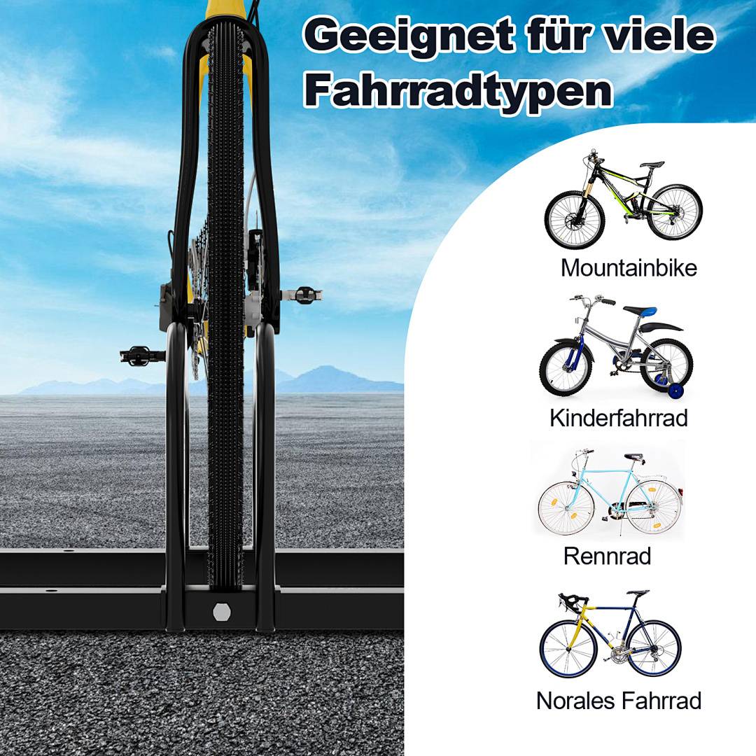 Ein Fahrrad ist auf einem Reparaturständer montiert. Der Text lautet „Geeignet für viele Fahrradtypen