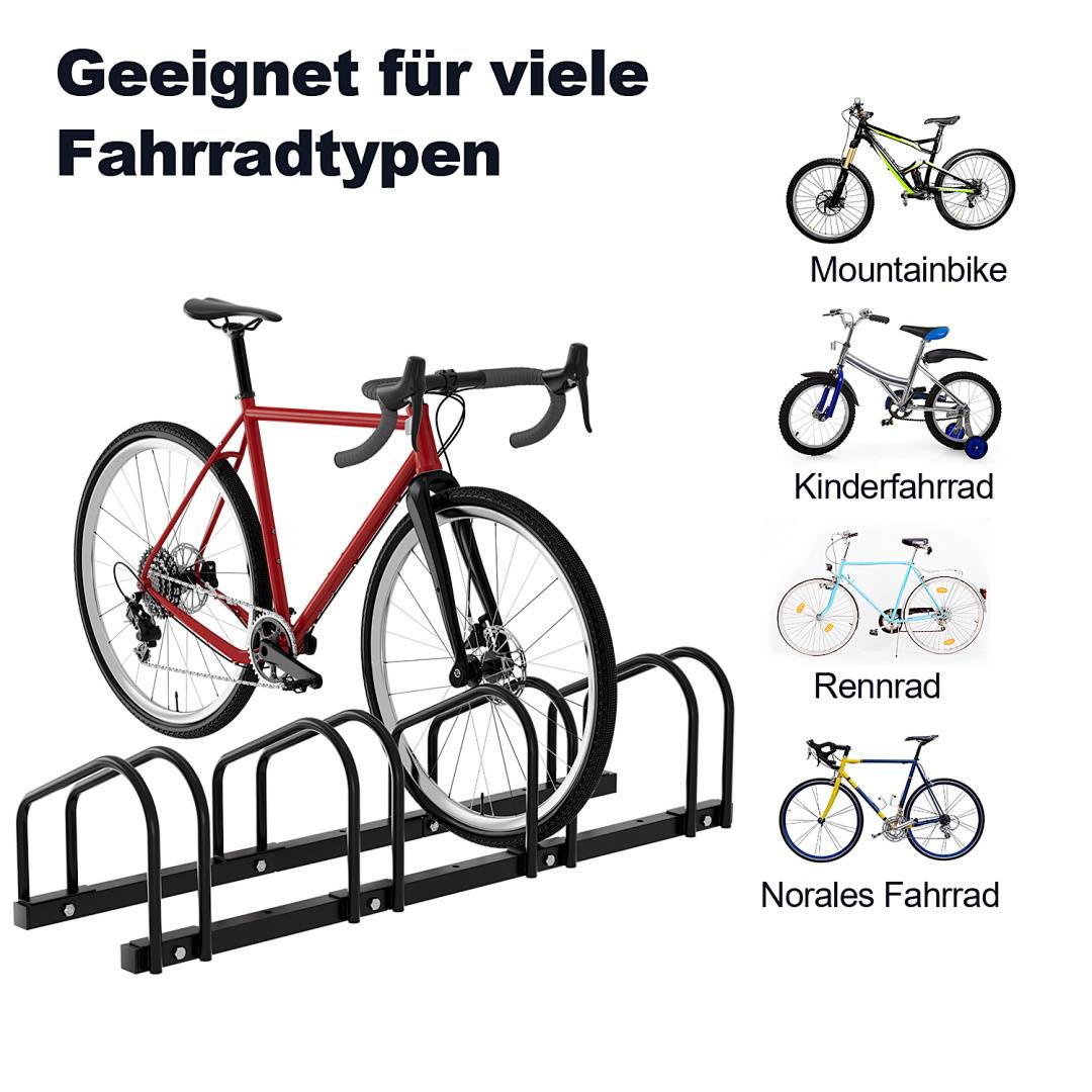 Ein Fahrradständer mit einem Rennrad wird gezeigt. Der Text besagt „Geeignet für viele Fahrradtypen