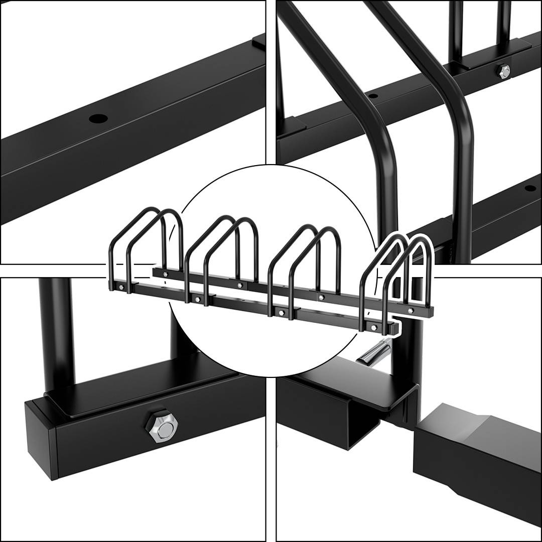 Collage aus einem modularen schwarzen Metallfahrradständer mit detaillierten Ansichten seines Rahmens, seiner Verbindungsstellen und einem zentralen Bild, das ihn vollständig montiert zeigt.