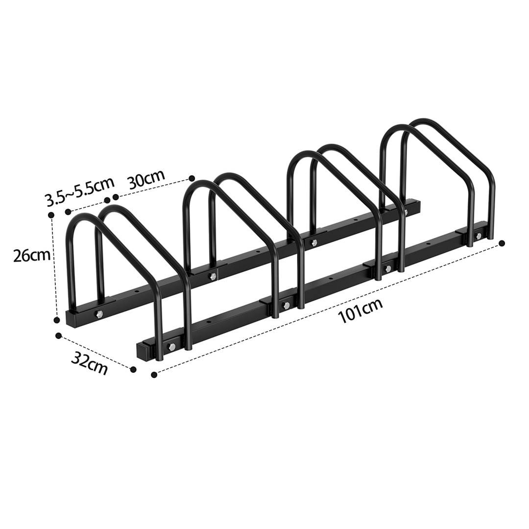 Fünf-Platz-Fahrradständer mit Abmessungen: 101 cm lang, 32 cm breit, 26 cm hoch. Jede Schlitzbreite ist von 3,5 cm bis 5,5 cm verstellbar, mit 30 cm Abstand voneinander.