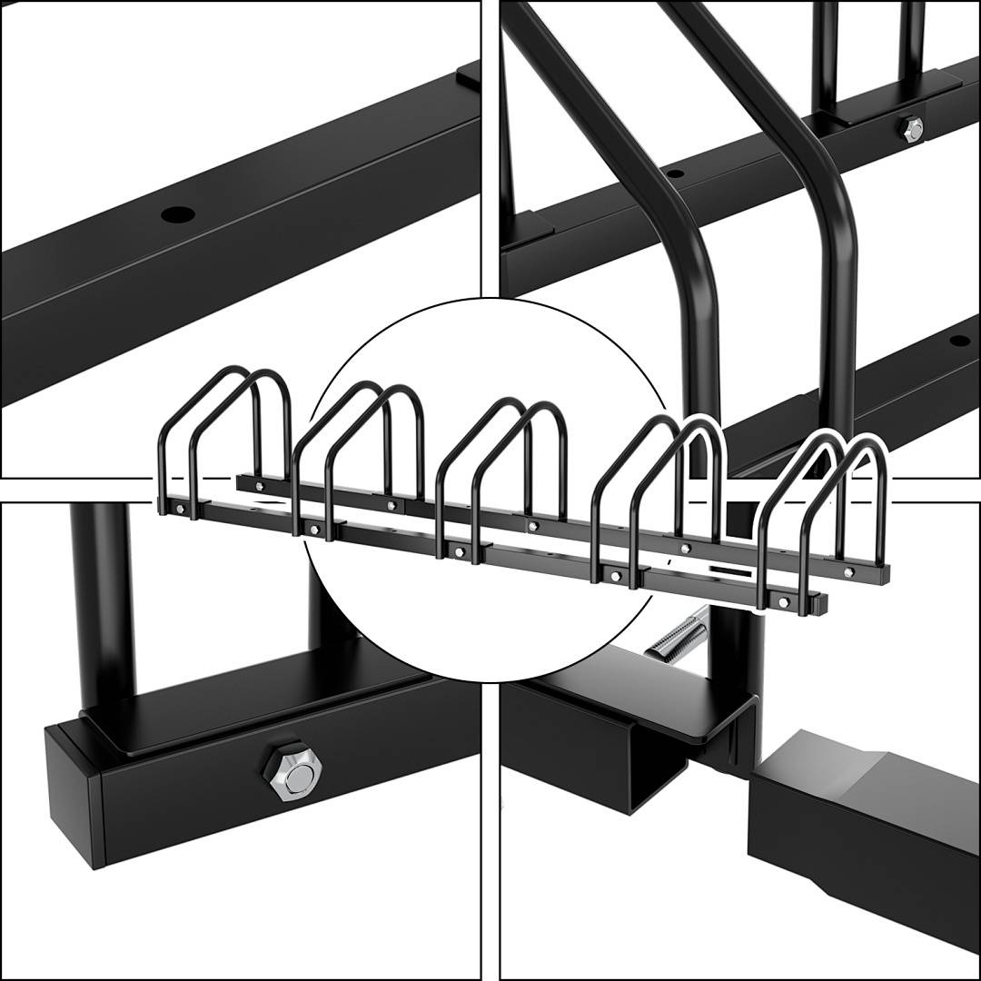 Ein Metallfahrradständer in vier Ansichten: Draufsicht, Seitenansicht, Detailaufnahme einer Schraube und Gesamtdesign. Verfügt über Schlitze zum Sichern mehrerer Fahrräder.