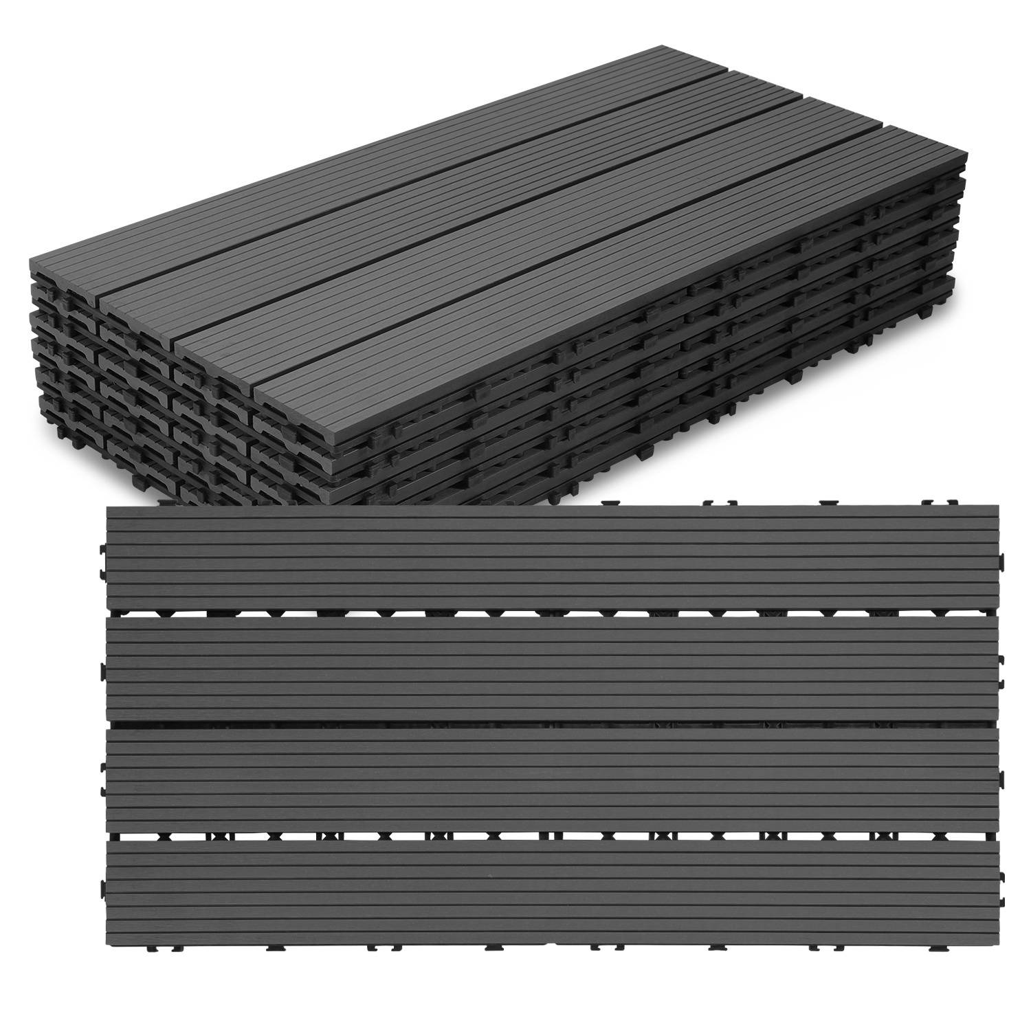 Ein Stapel von verschachtelten dunkelgrauen Verbundwerkstoff-Dielenfliesen, angeordnet in einem rechteckigen Format, geeignet für Außenbodenbelagsprojekte.