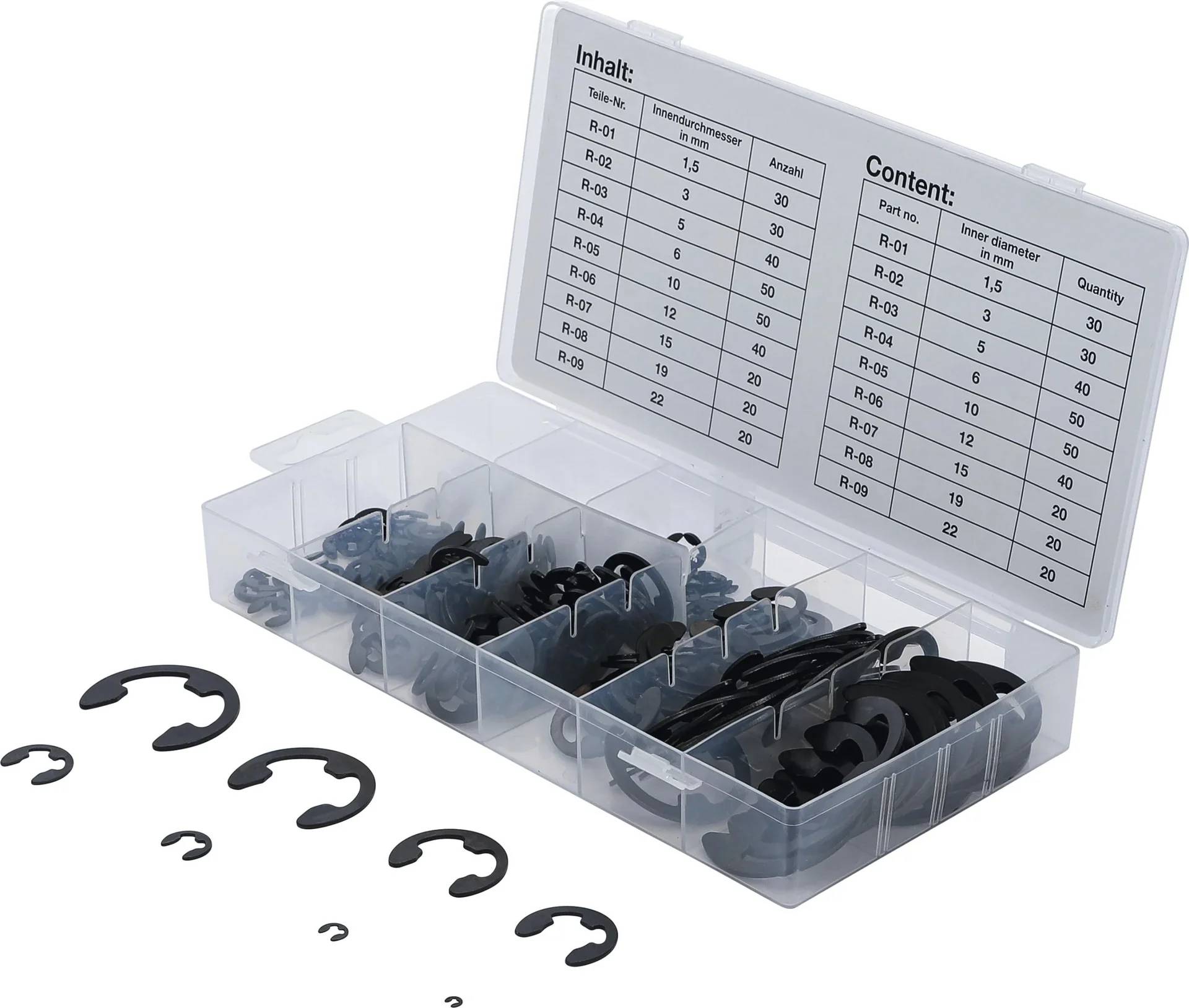 Eine offene Kunststoff-Organizer-Box mit verschiedenen Größen schwarzer E-Clips. Der Deckel zeigt eine Größentabelle in deutscher Sprache mit Abmessungen.