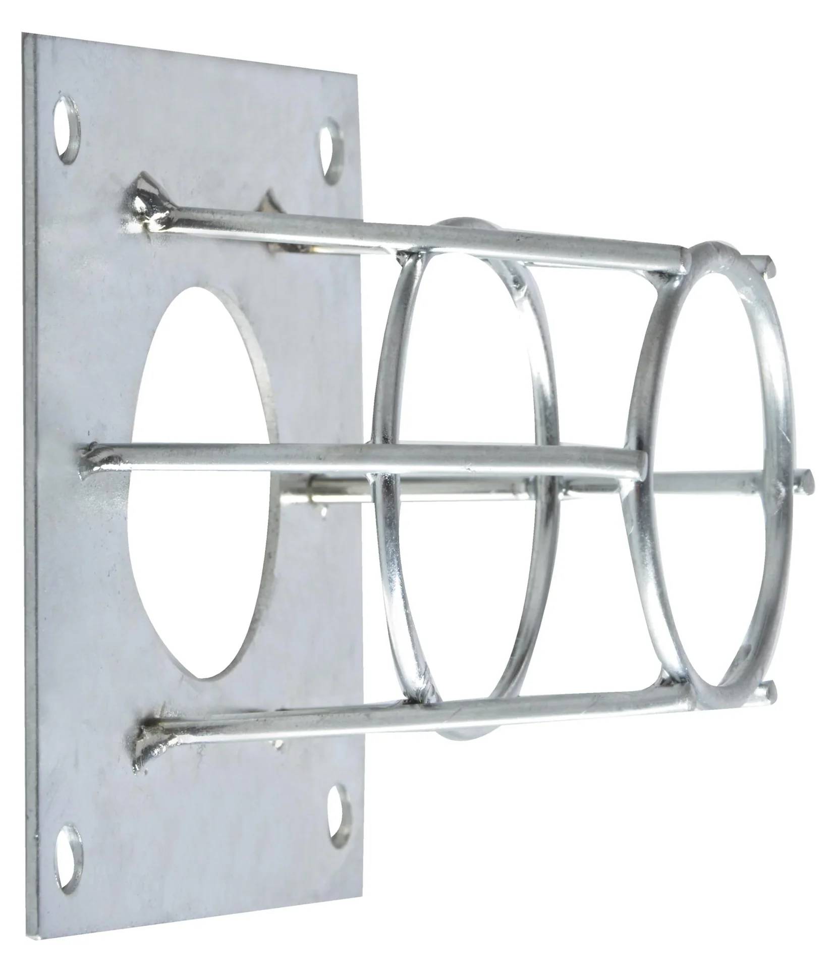 Ein an der Wand montierter Metallkäfig zum Schutz von Ausrüstungen, mit einer rechteckigen Grundplatte und kreisförmigen Stäben, die ein schützendes Gehäuse bilden.