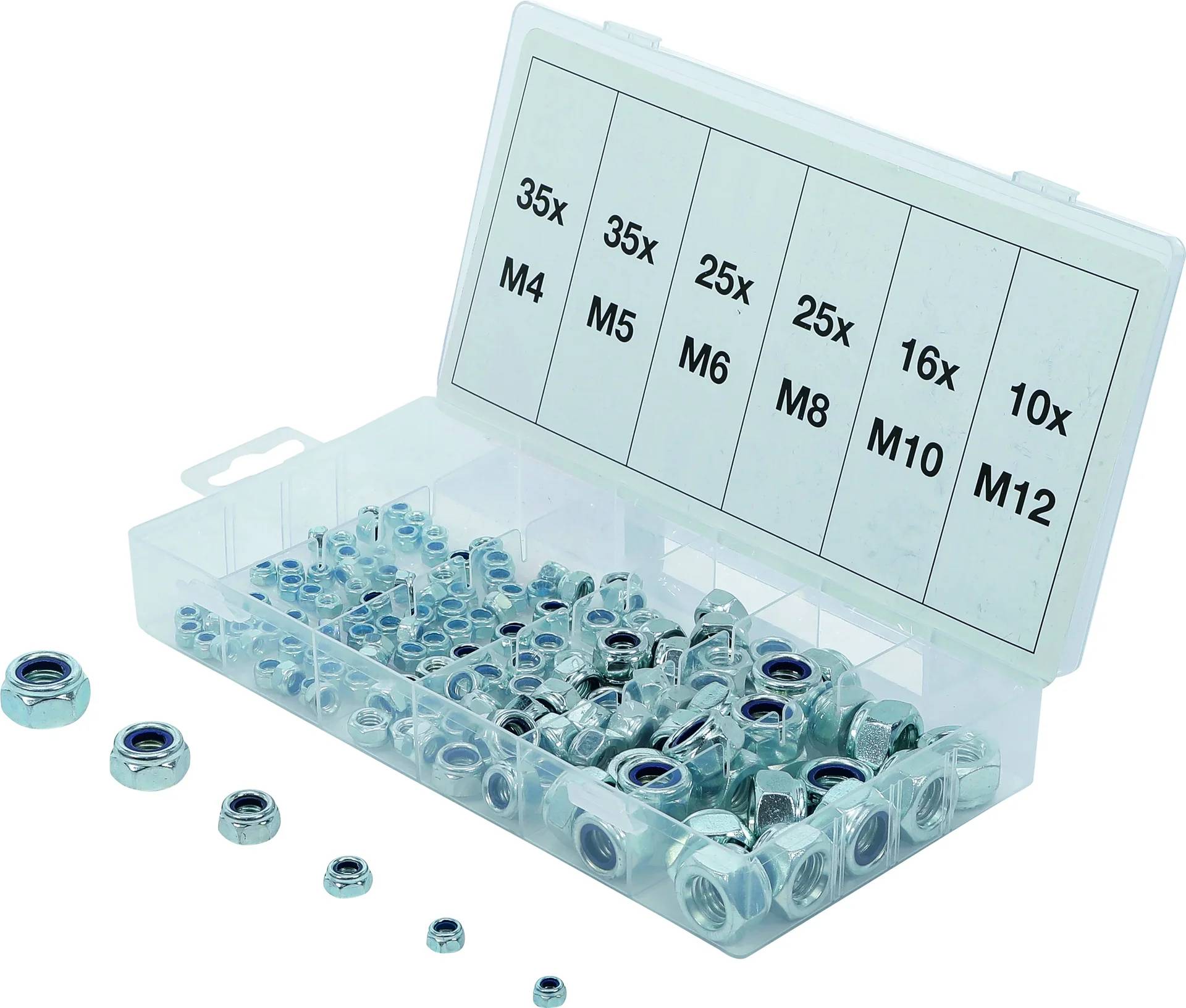 Kasten mit sortierten Sechskantmuttern mit Kunststofffächern mit den Bezeichnungen „35x M4