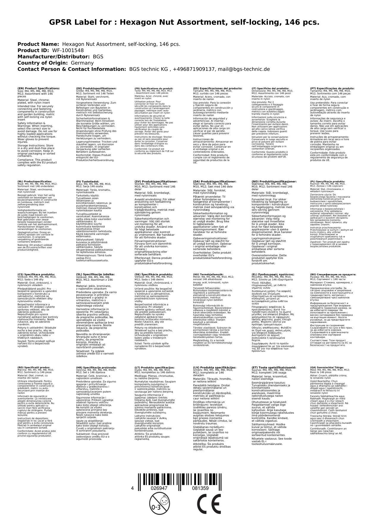 Sechskant-Muttern-Sortiment, selbstsichernd, 146-tlg.