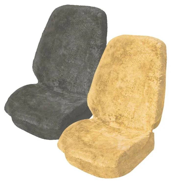 Zwei Autositzbezüge, einer grau und einer beige, mit einer plüschigen Textur. Sie werden nebeneinander angezeigt, um Farbe und Stoff zu zeigen.