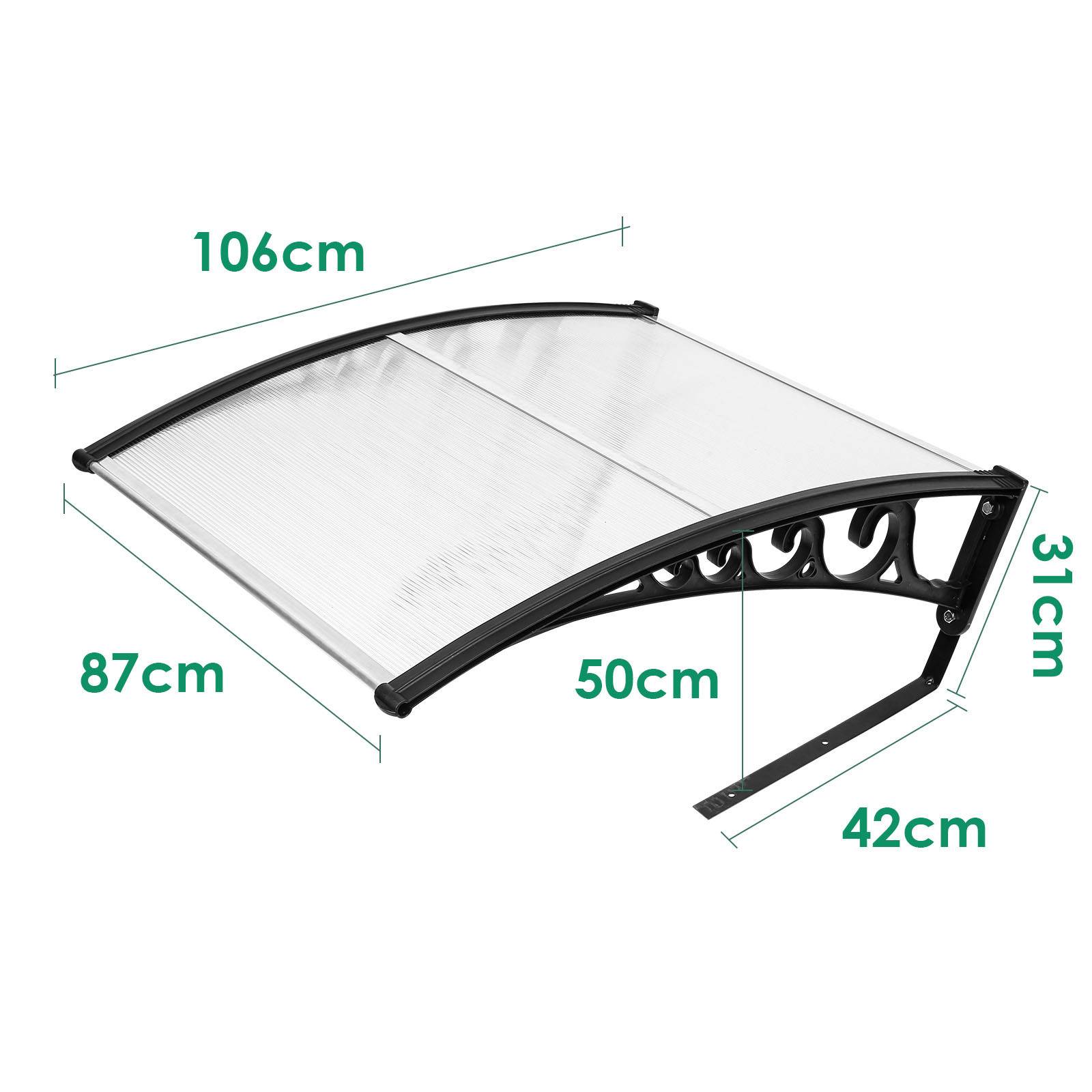 Produktbild einer Markise mit Abmessungen: 106cm Breite, 87cm Tiefe, 31cm Höhe. Haltearm erstreckt sich 50cm, Stützstütze 42cm.